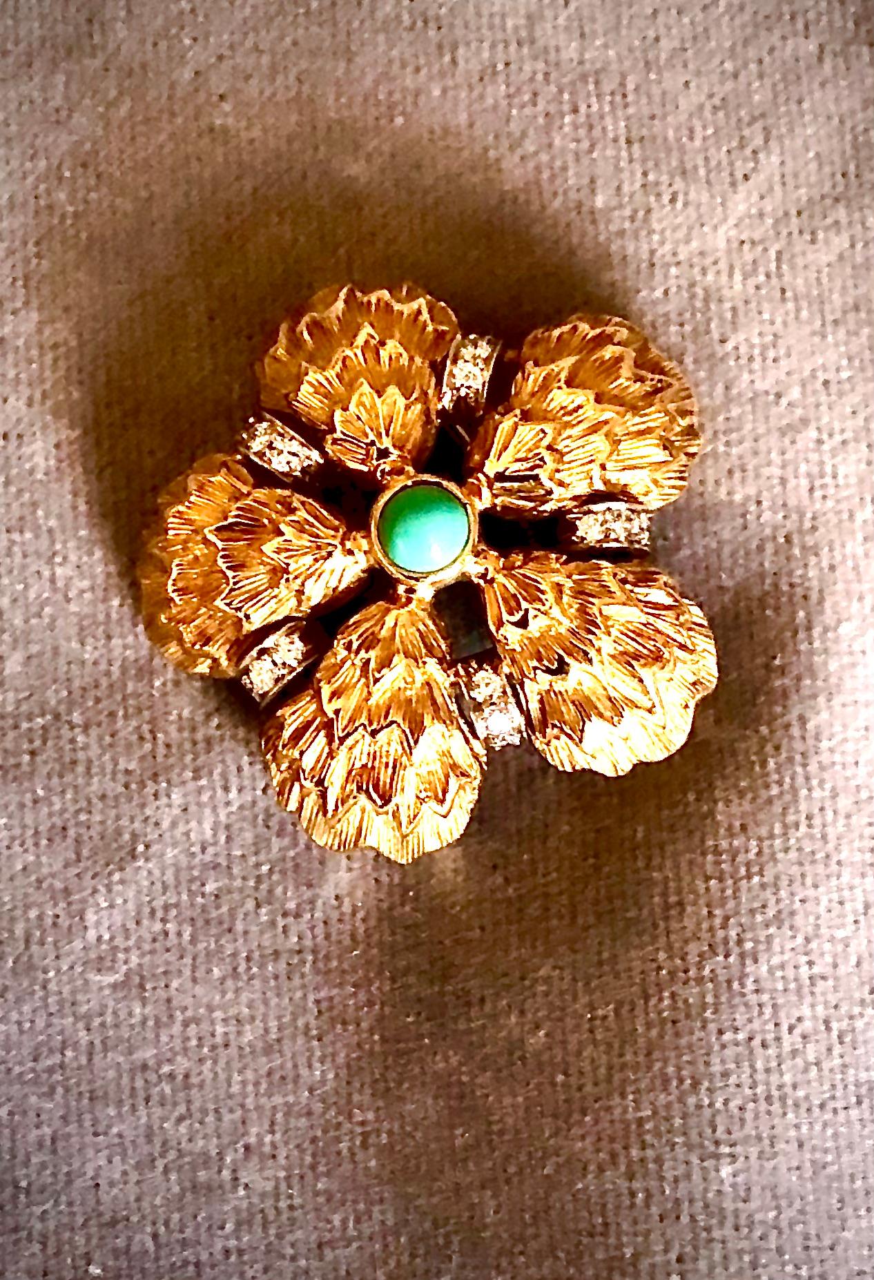 Brosche aus Gold, Diamanten und Türkis (Nachkriegszeit) im Angebot