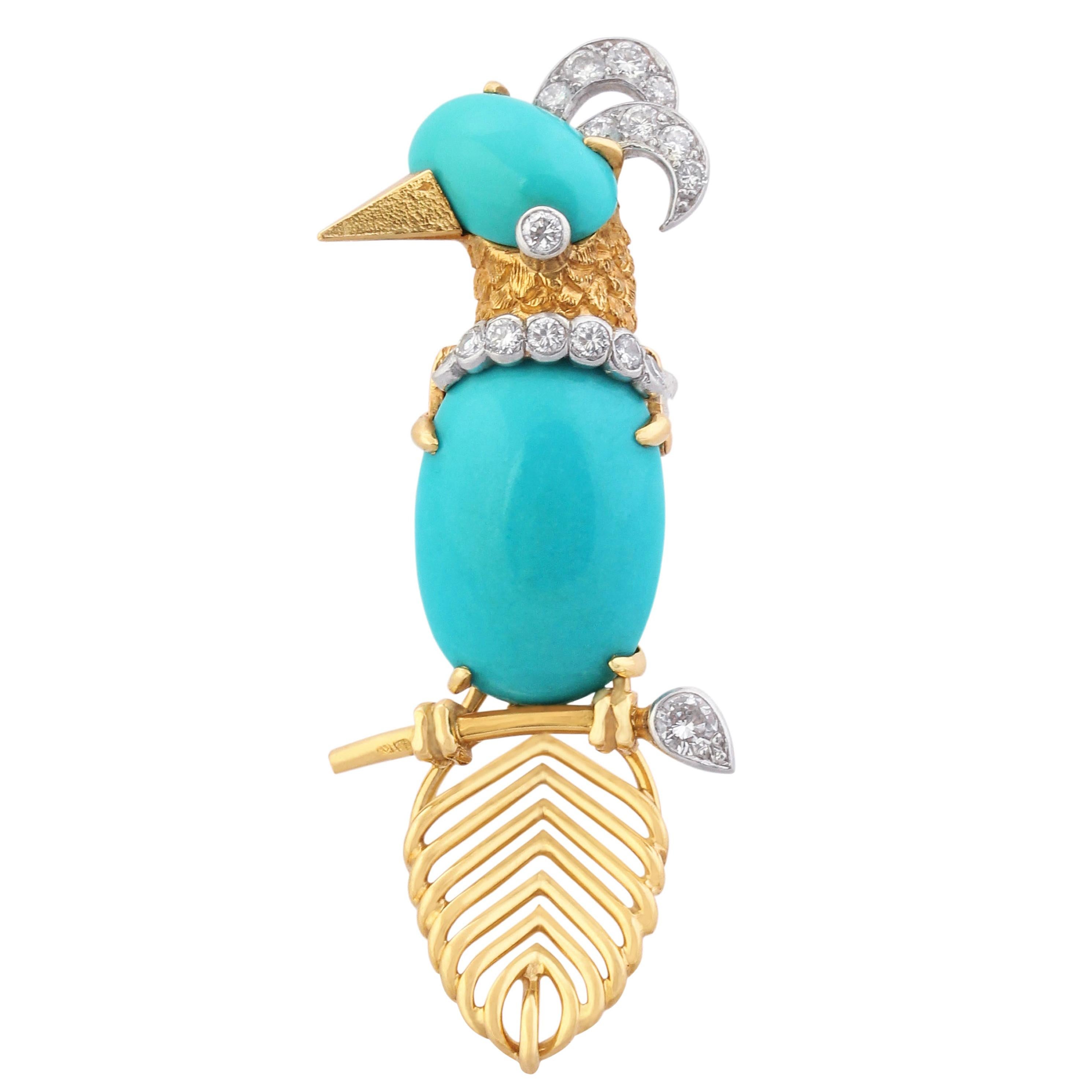 Gold, Diamond and Turquoise Woodpecker Brooch by Cartier