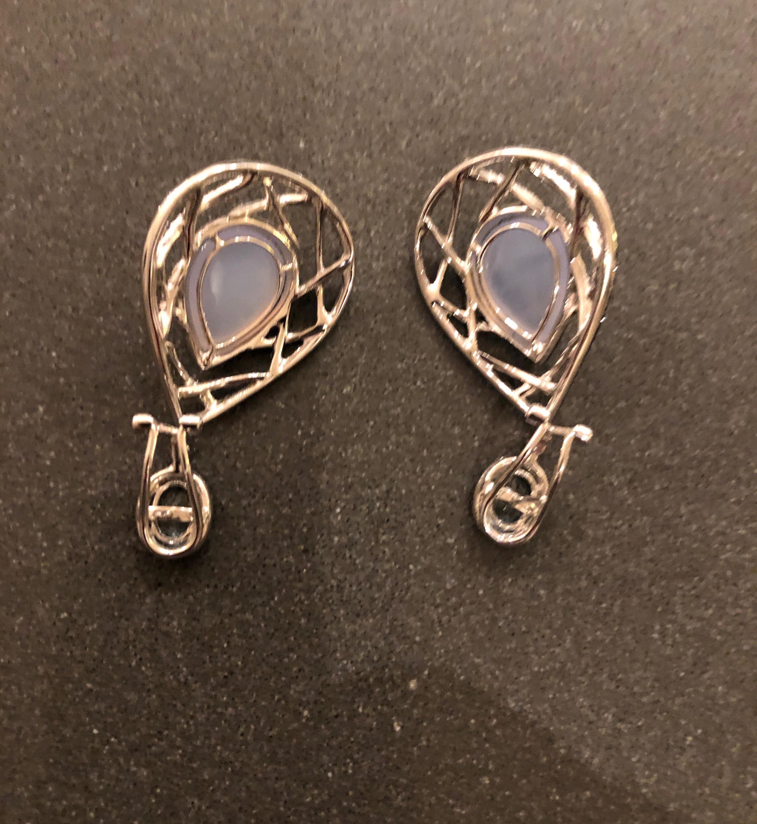 White Gold Diamond Aquamarine and Chalcedony Earrings In Excellent Condition In Dallas, TX