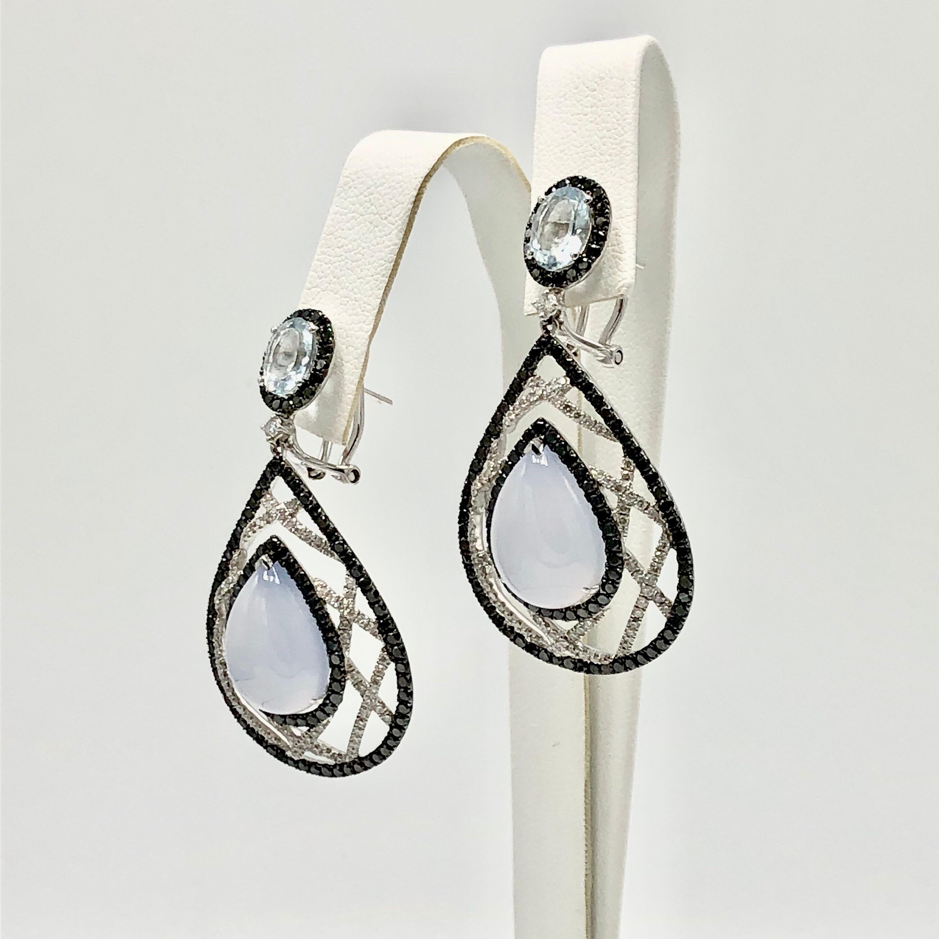 Women's White Gold Diamond Aquamarine and Chalcedony Earrings