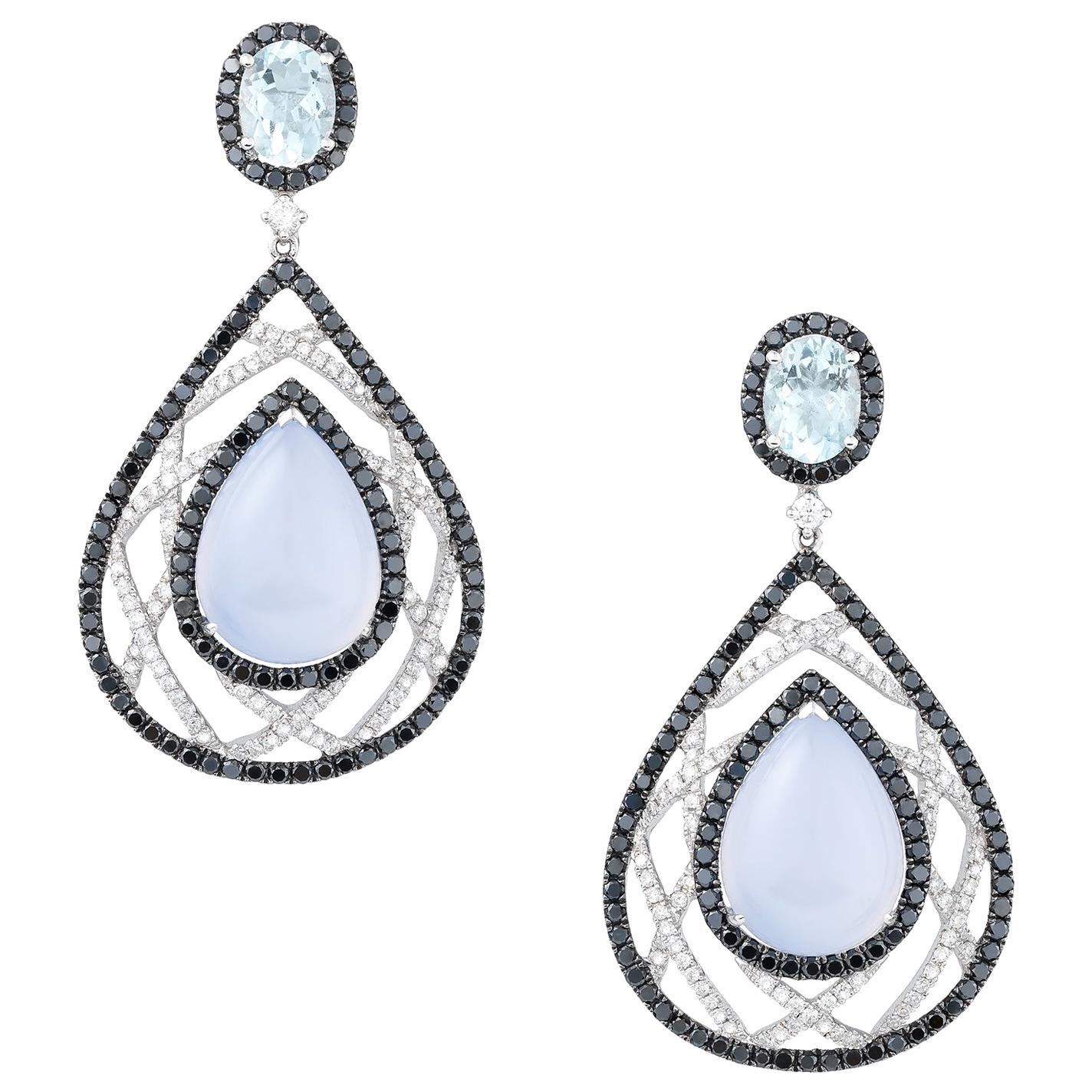 White Gold Diamond Aquamarine and Chalcedony Earrings