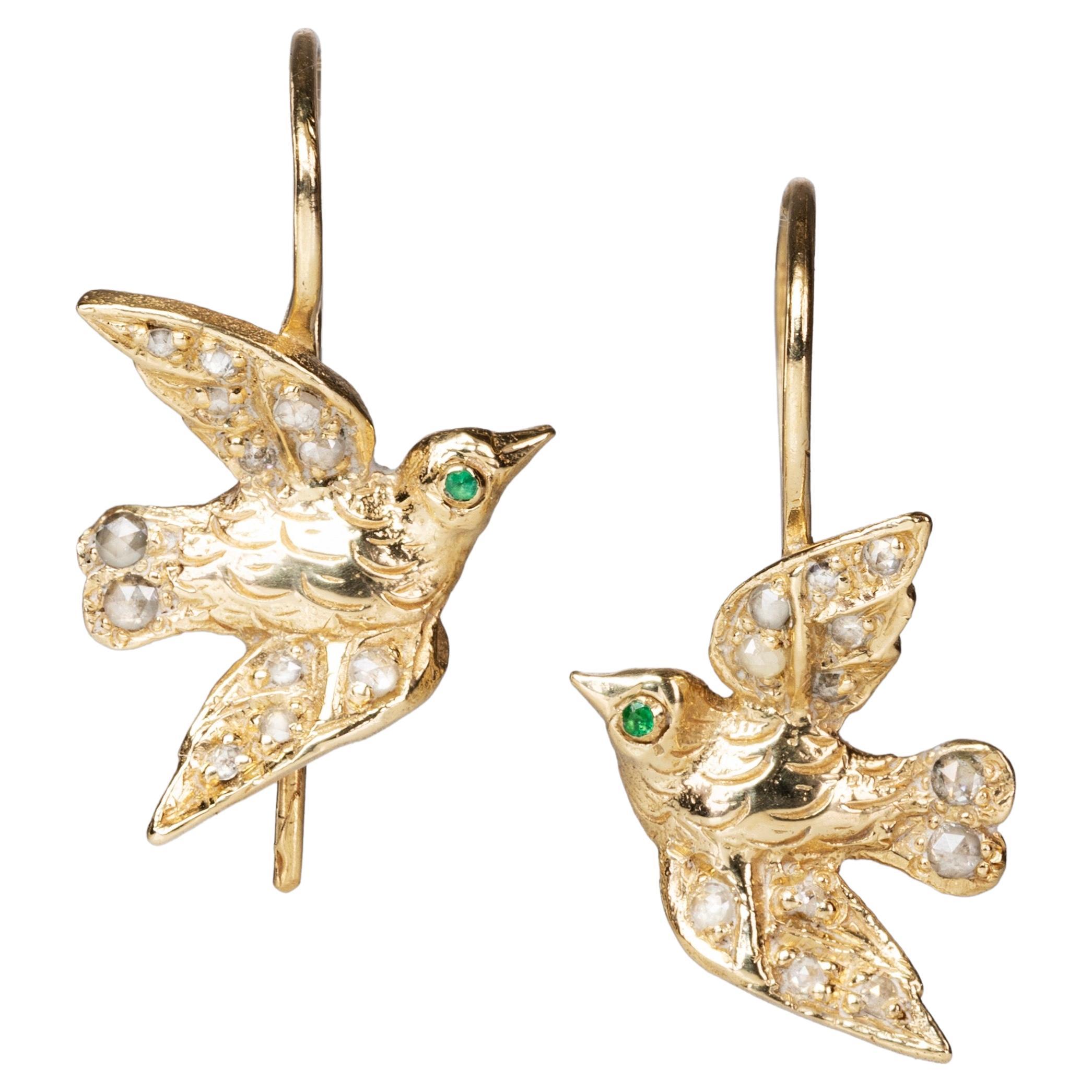 Gold Diamond Bird Emerald Swallow Earrings For Sale
