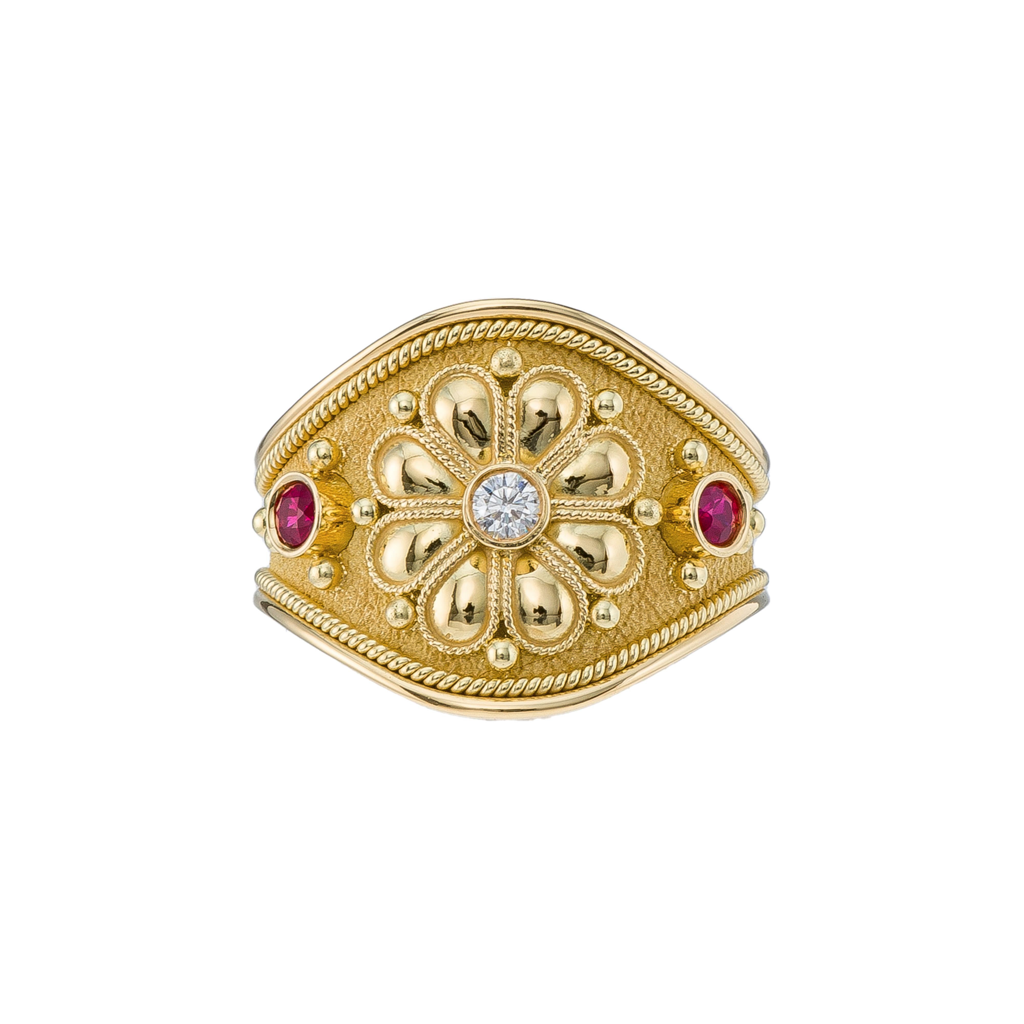 Gold Diamond Byzantine Daisy Ring with Rubies In New Condition For Sale In Athens, GR