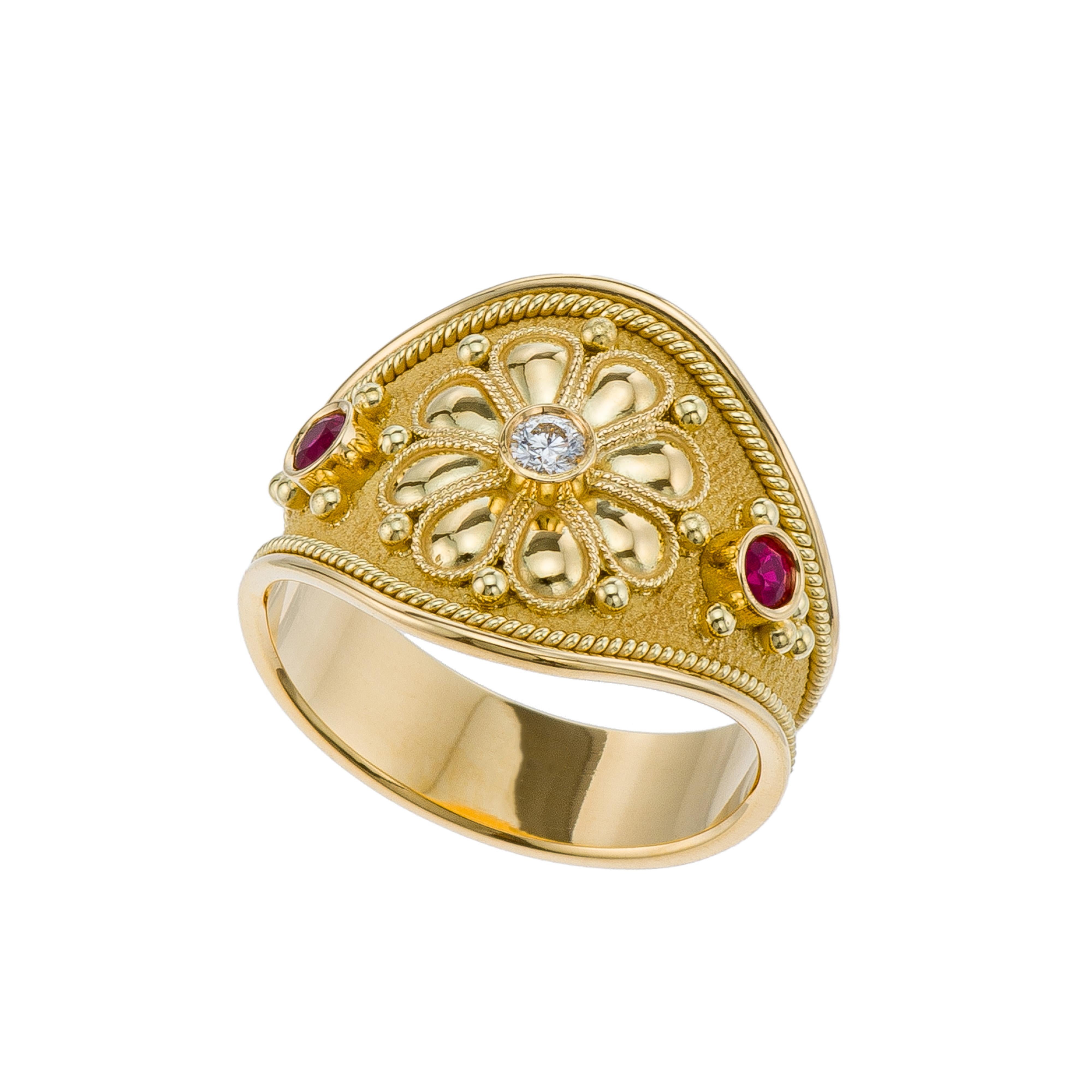 Gold Diamond Byzantine Daisy Ring with Rubies For Sale 2