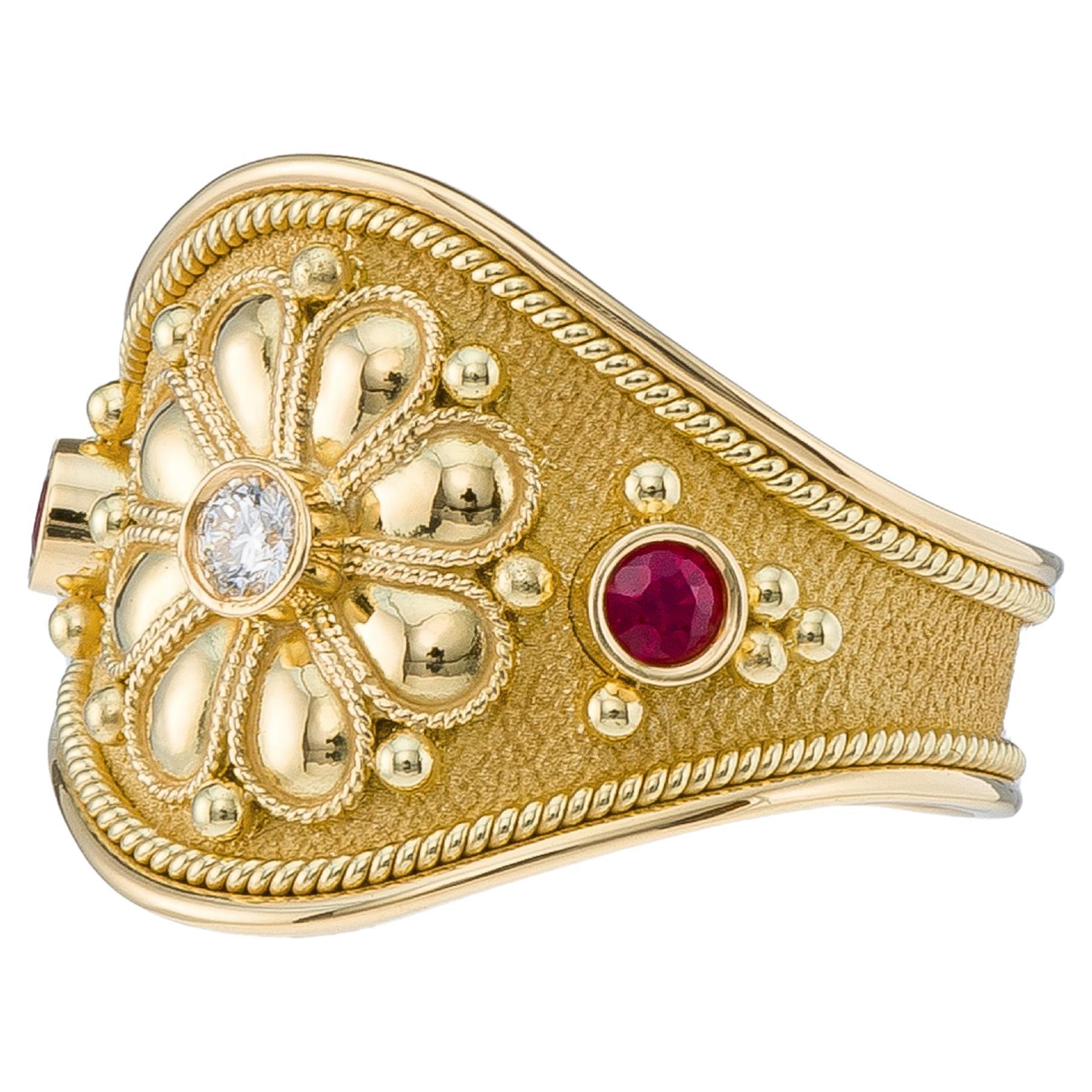 Gold Diamond Byzantine Daisy Ring with Rubies For Sale