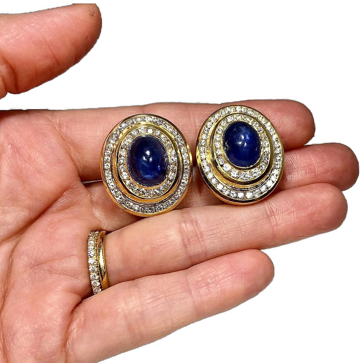 Oval Cut Gold Diamond Cabochon Sapphire Oval Earrings