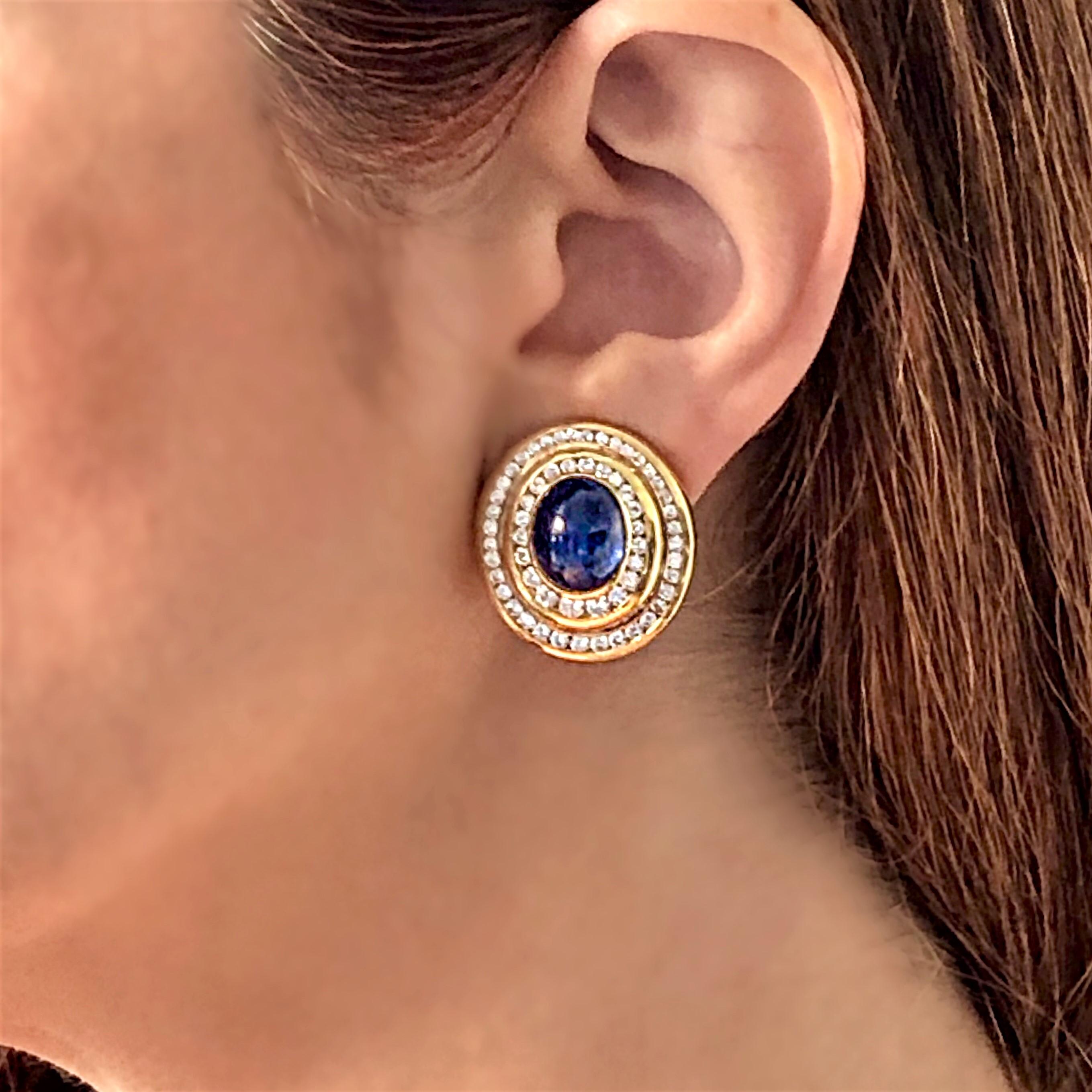 Gold Diamond Cabochon Sapphire Oval Earrings 1