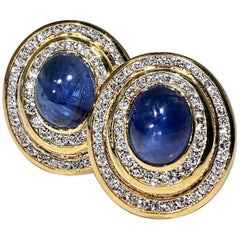 Gold Diamond Cabochon Sapphire Oval Earrings