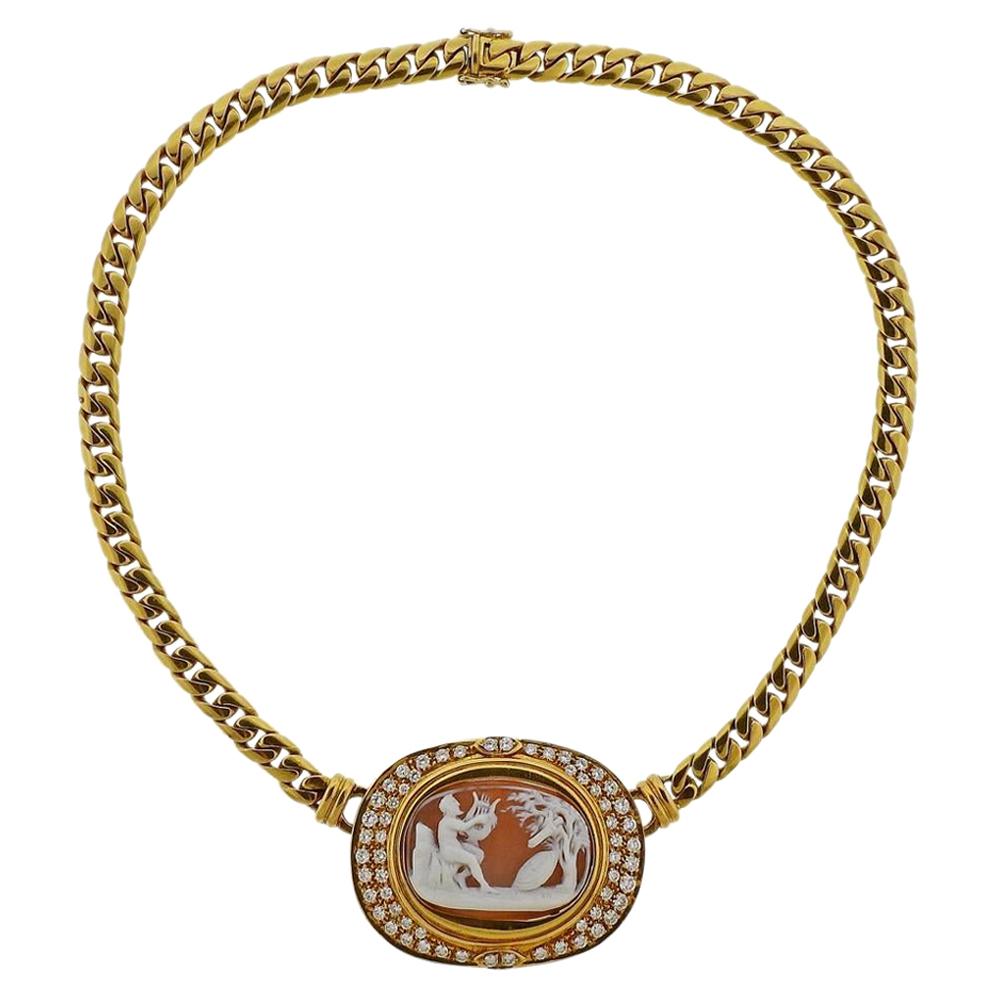 Gold Diamond Cameo Necklace For Sale