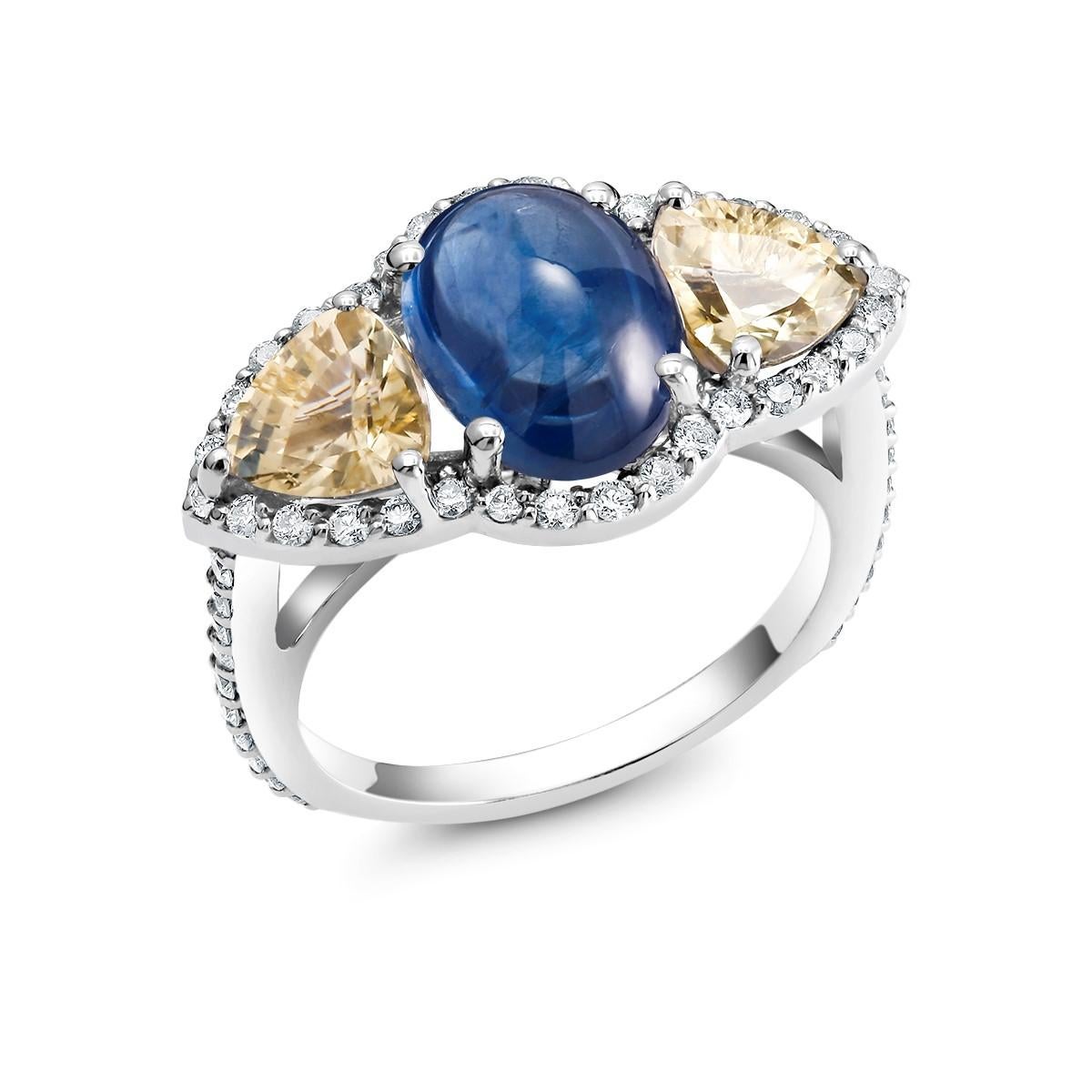 Oval Cut Cabochon Sapphire Yellow Sapphire Diamond Cocktail Gold Ring Weighing 6.74 Carat