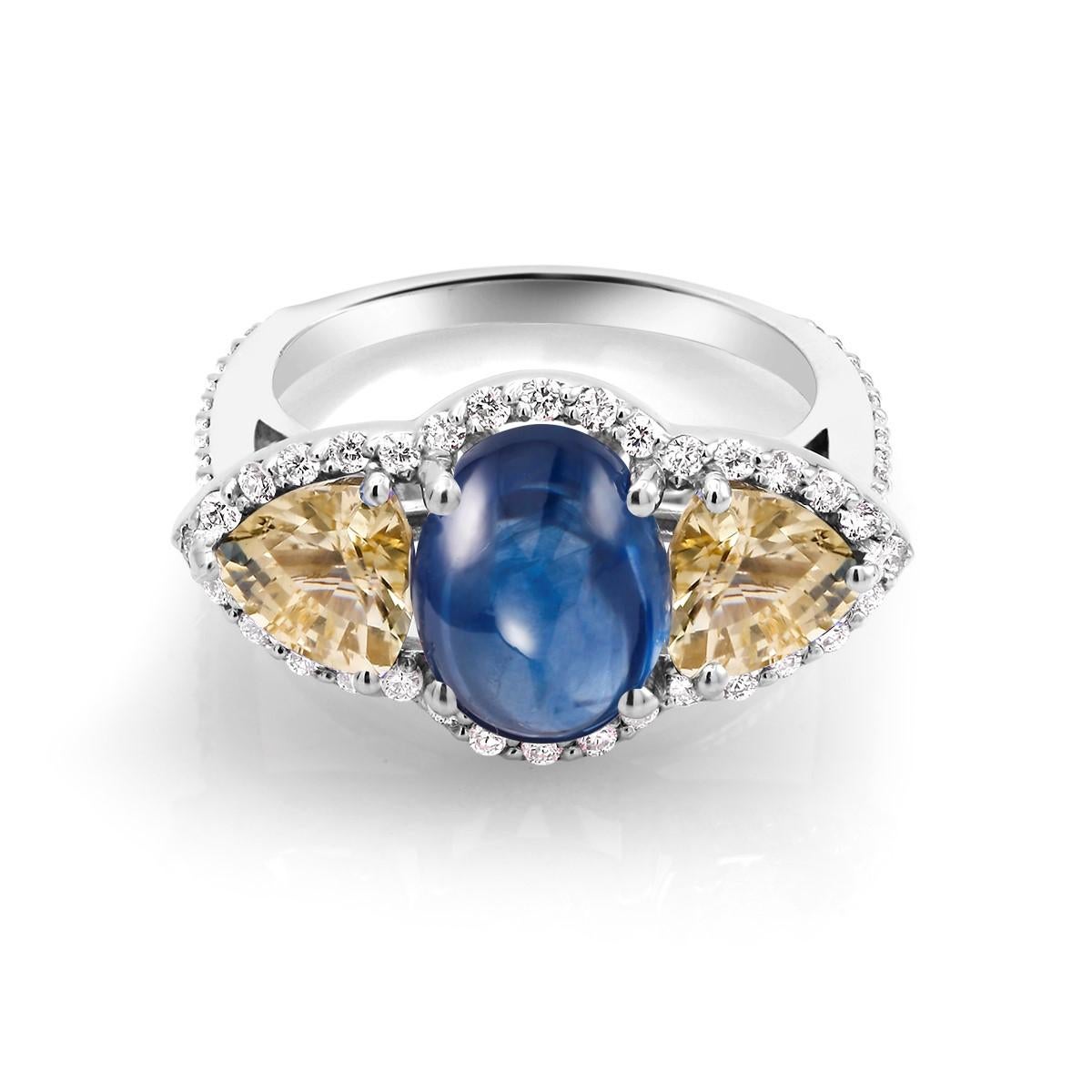 Women's or Men's Cabochon Sapphire Yellow Sapphire Diamond Cocktail Gold Ring Weighing 6.74 Carat