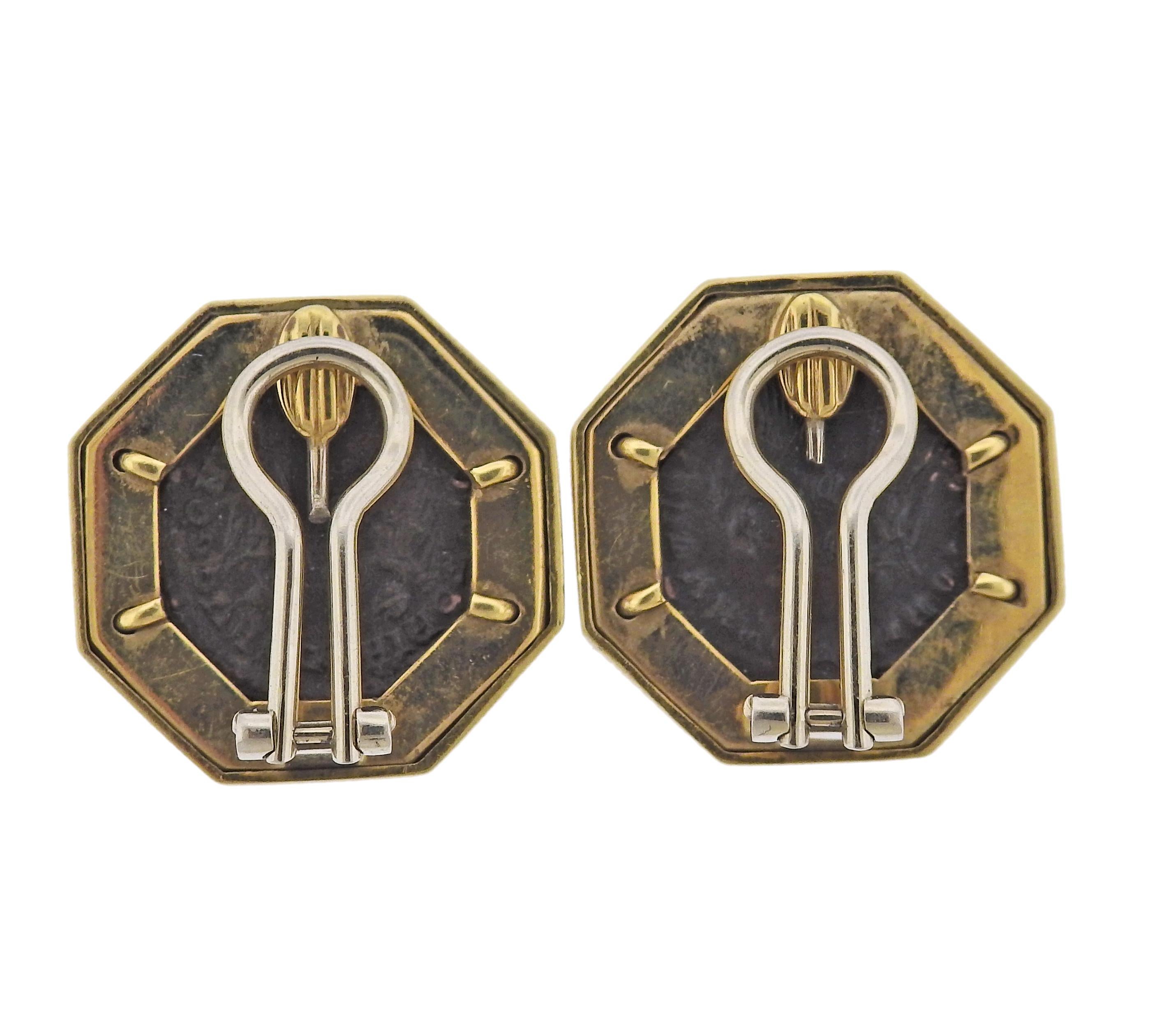 Gold-Diamant-Münzen-Emaille-Ohrringe (Rundschliff) im Angebot