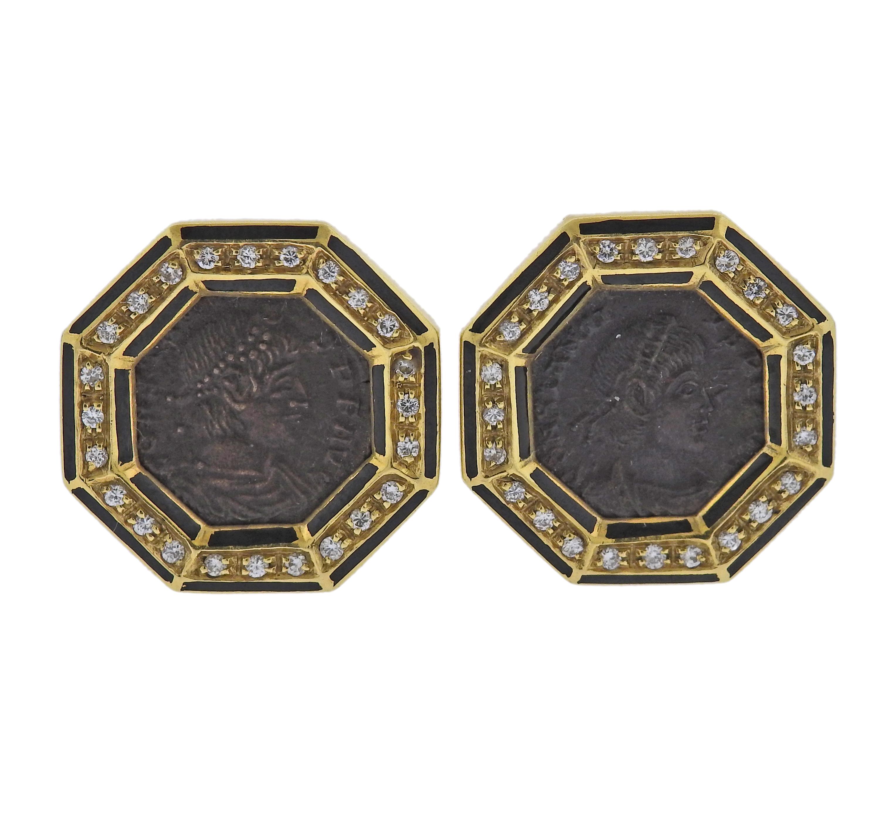 Gold Diamond Coin Enamel Earrings In Excellent Condition For Sale In New York, NY