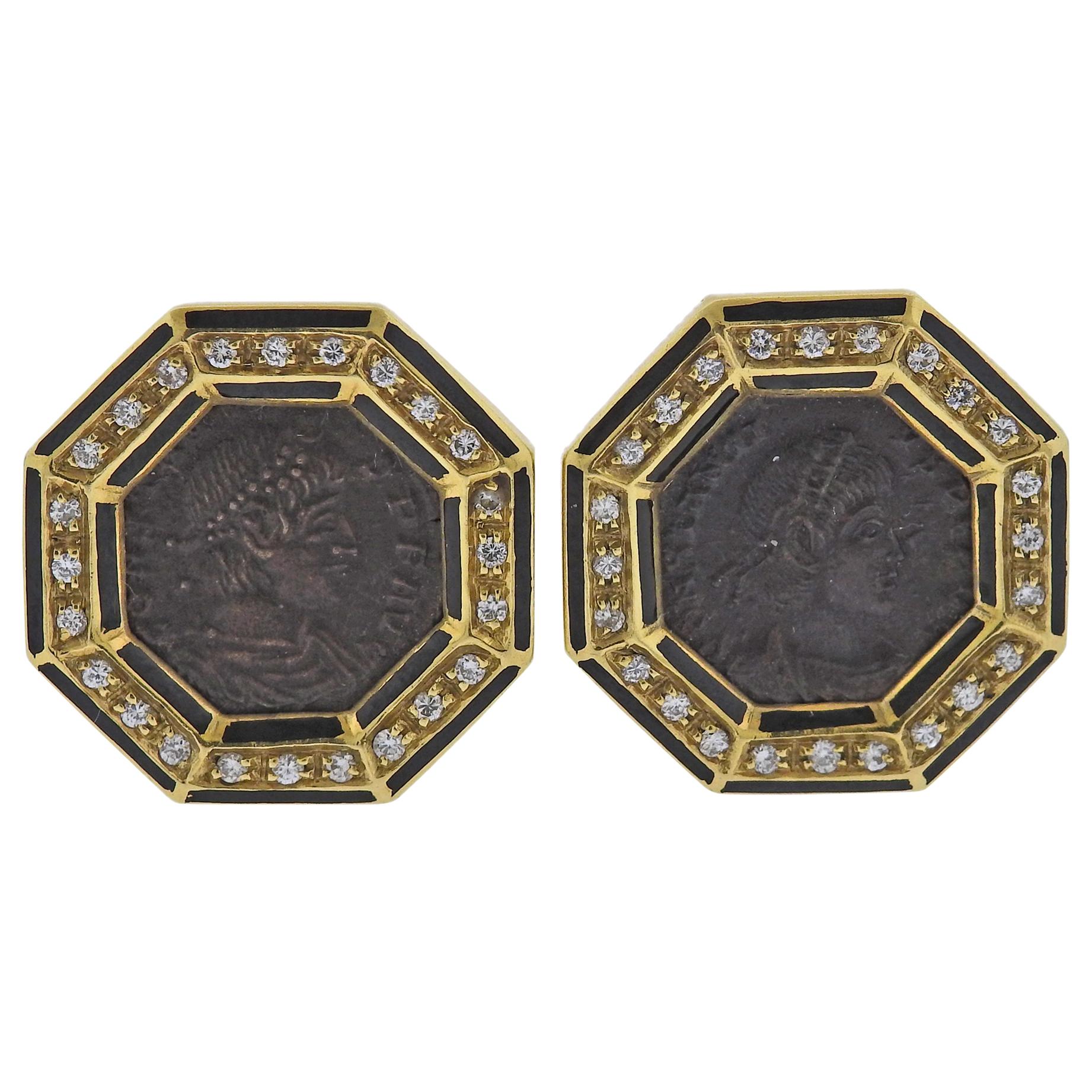 Gold Diamond Coin Enamel Earrings For Sale