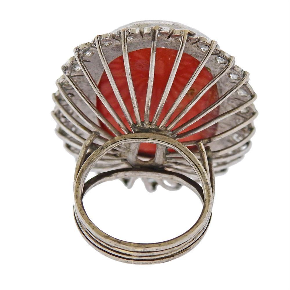 Oval Cut Large Natural Coral Gold Diamond Dome Ring For Sale