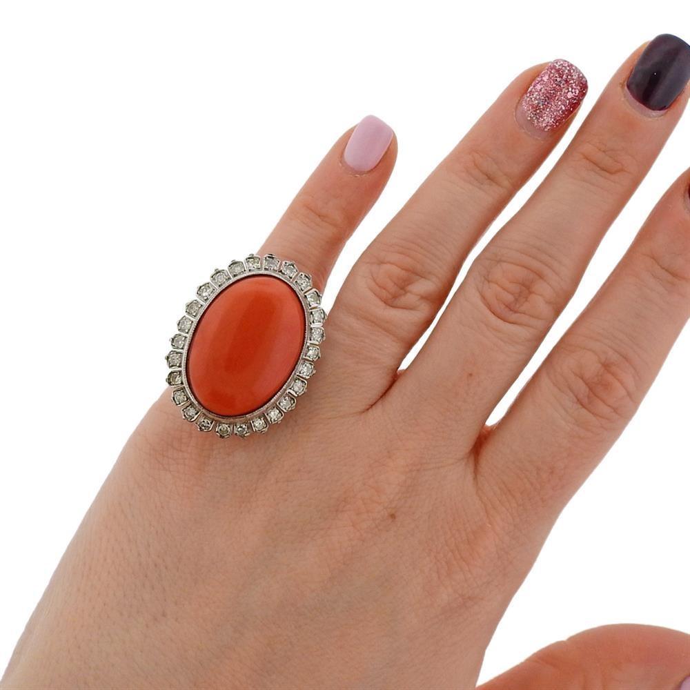 Large Natural Coral Gold Diamond Dome Ring In Excellent Condition For Sale In New York, NY