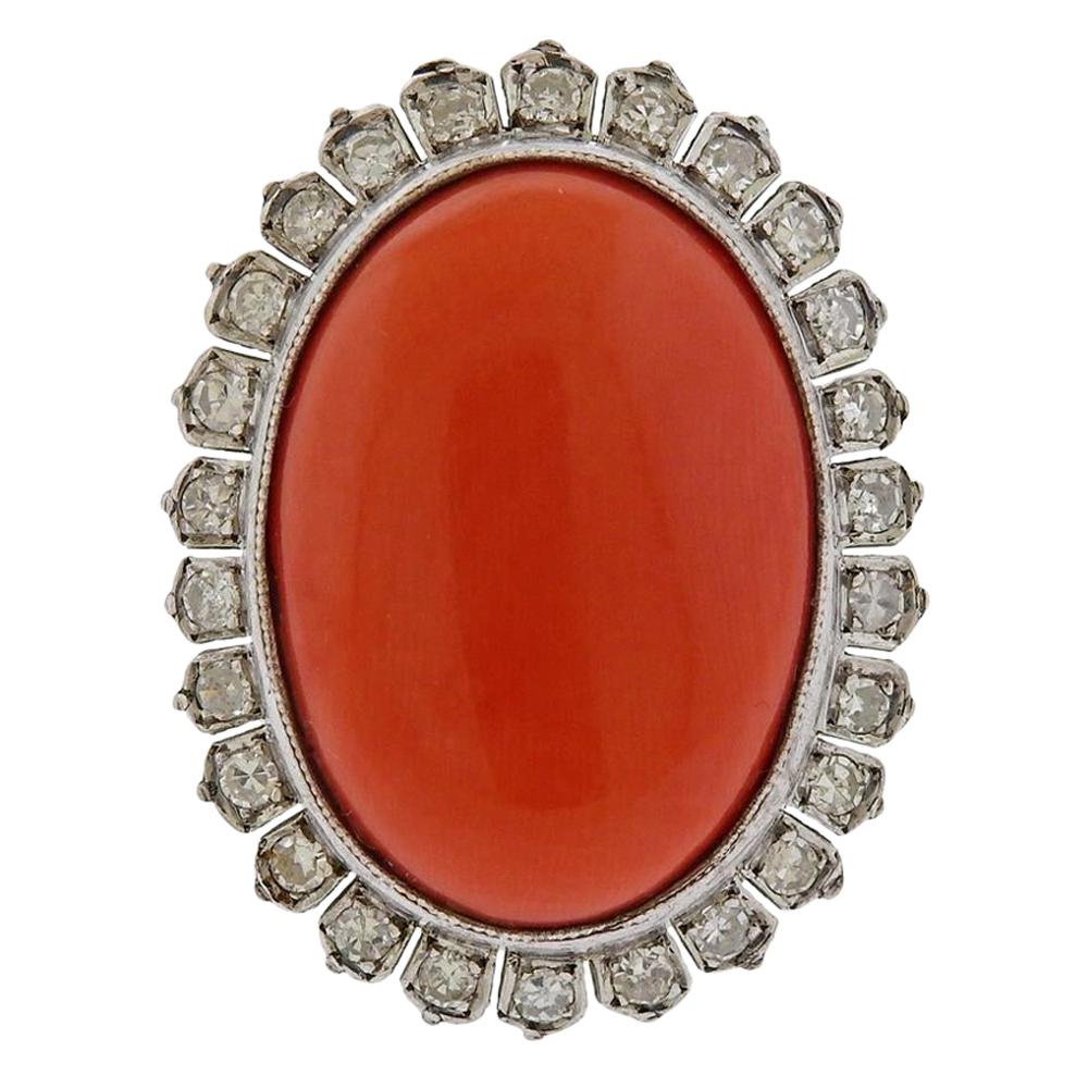 Large Natural Coral Gold Diamond Dome Ring For Sale