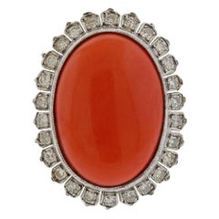 Vintage Large Natural Coral Gold Diamond Dome Ring