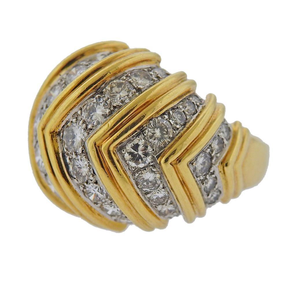 18k yellow gold chevron design dome ring, set with approx. 3.50ctw in diamonds. Ring size 7, ring top - 20mm wide. marked: 18k, AN (partially polished off). Weight - 18.2 grams.R-02694