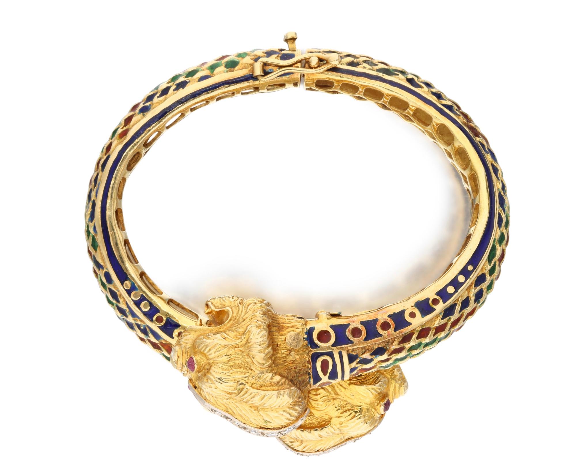 Round Cut Gold Diamond Double-Headed Chimera Bangle Bracelet  For Sale
