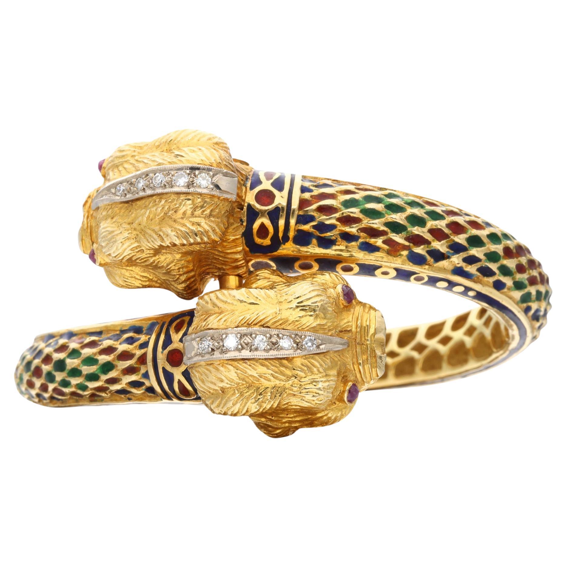 Gold Diamond Double-Headed Chimera Bangle Bracelet  For Sale