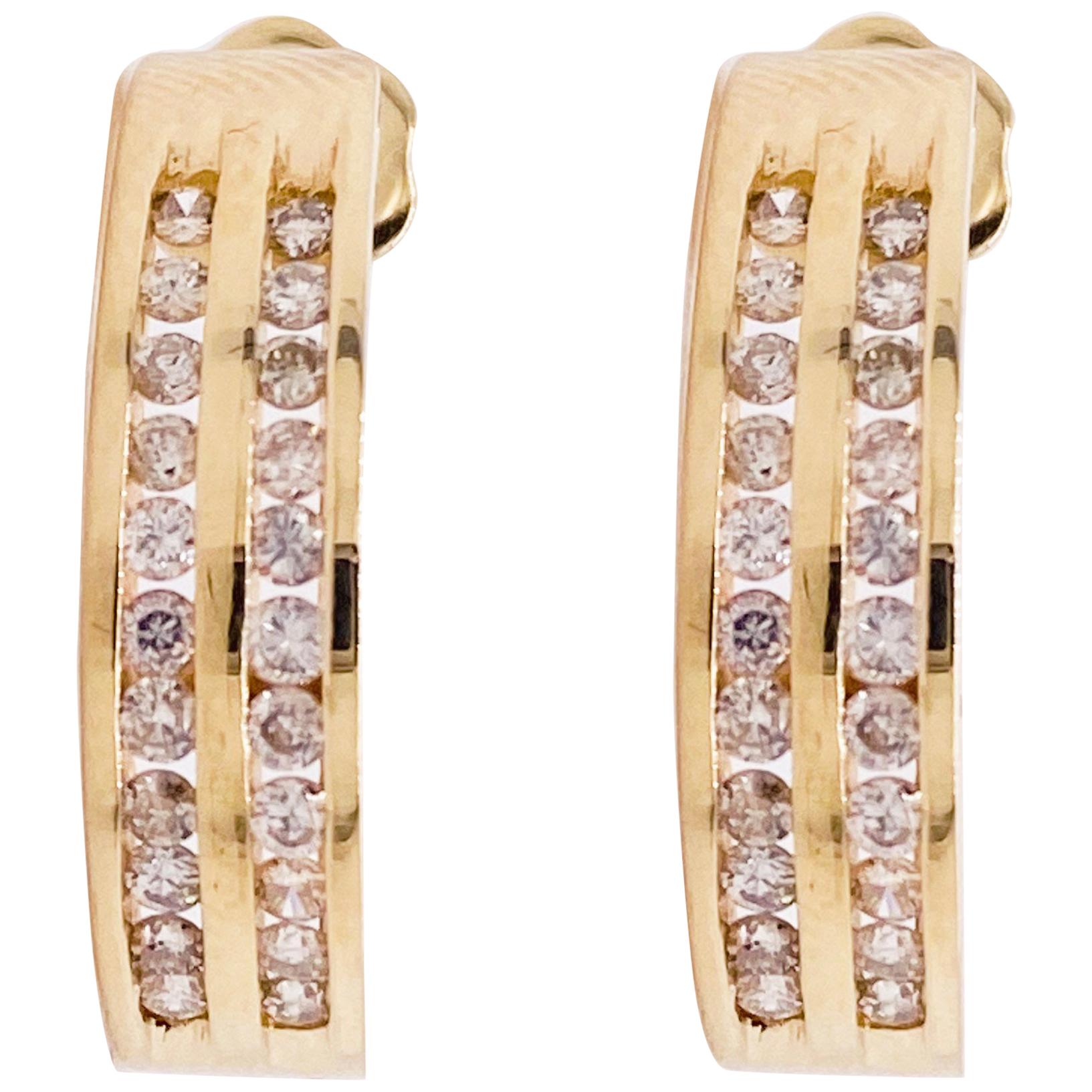 Gold Diamond Earrings, 14 Karat Gold, J Hook Earrings, 48 Diamonds, 1/2 Carat For Sale