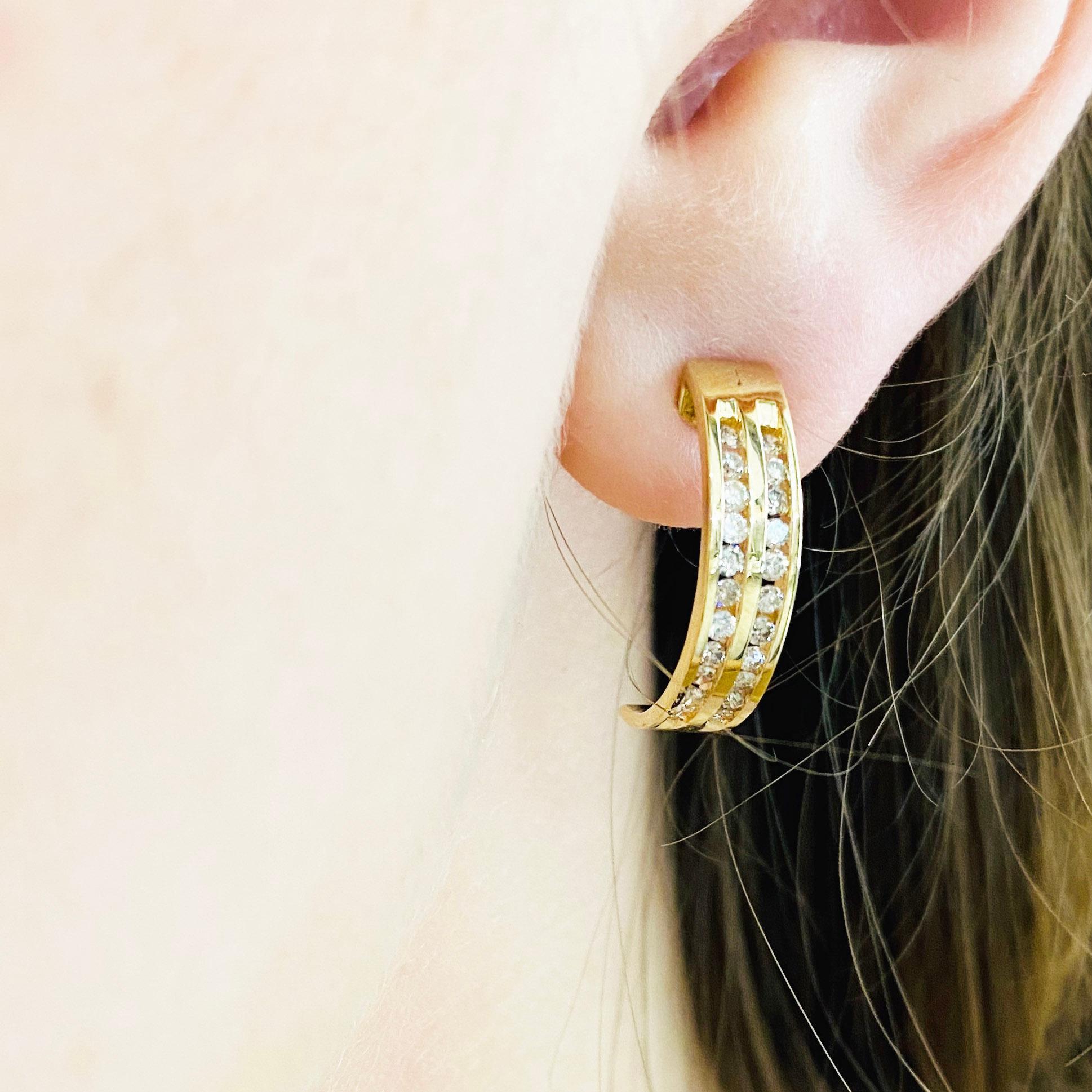 These stunning polished 14k yellow gold channel diamond earrings provide a look that is both trendy and classic. These diamond earrings are a great staple to add to your collection, and can be worn with both casual and formal wear.  These earrings