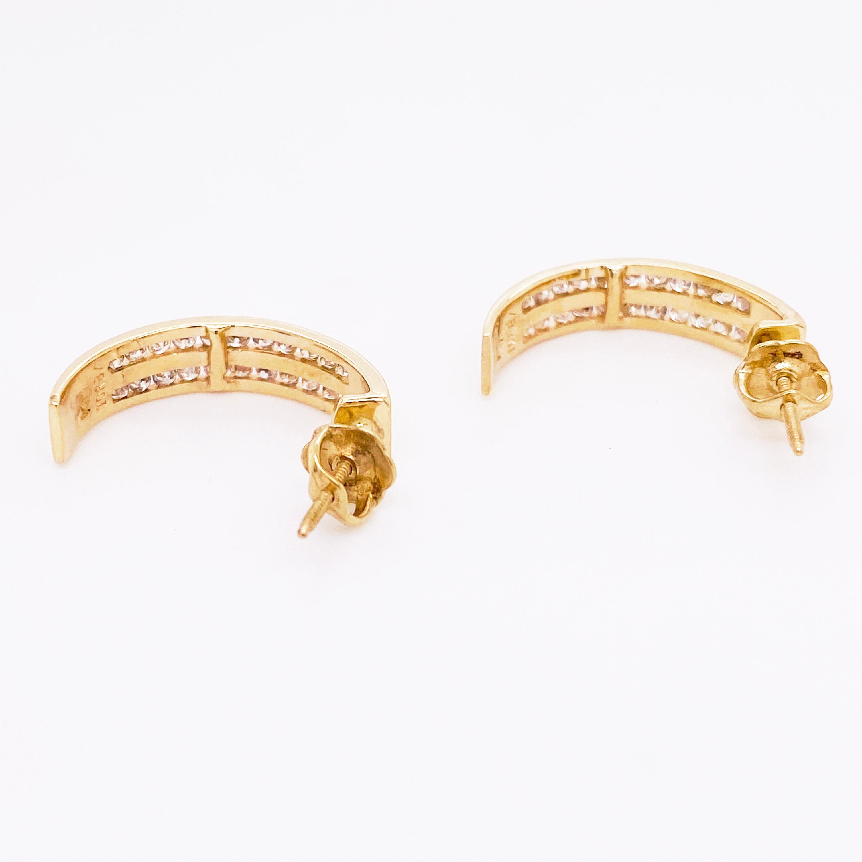 Modern Gold Diamond Earrings, 14 Karat Gold, J Hook Earrings, 48 Diamonds, 1/2 Carat For Sale