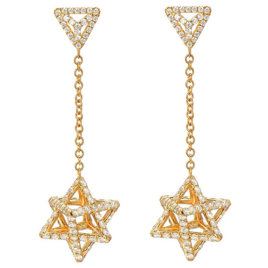 Gold Diamond Earrings 2.39 carats Merkaba Stars For Sale