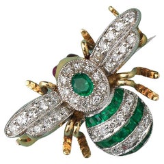 Gold Diamond Emerald and Ruby Bee Brooch