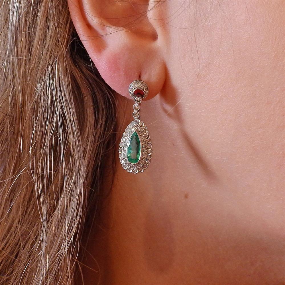 Women's Gold Diamond Emerald Drop Earrings