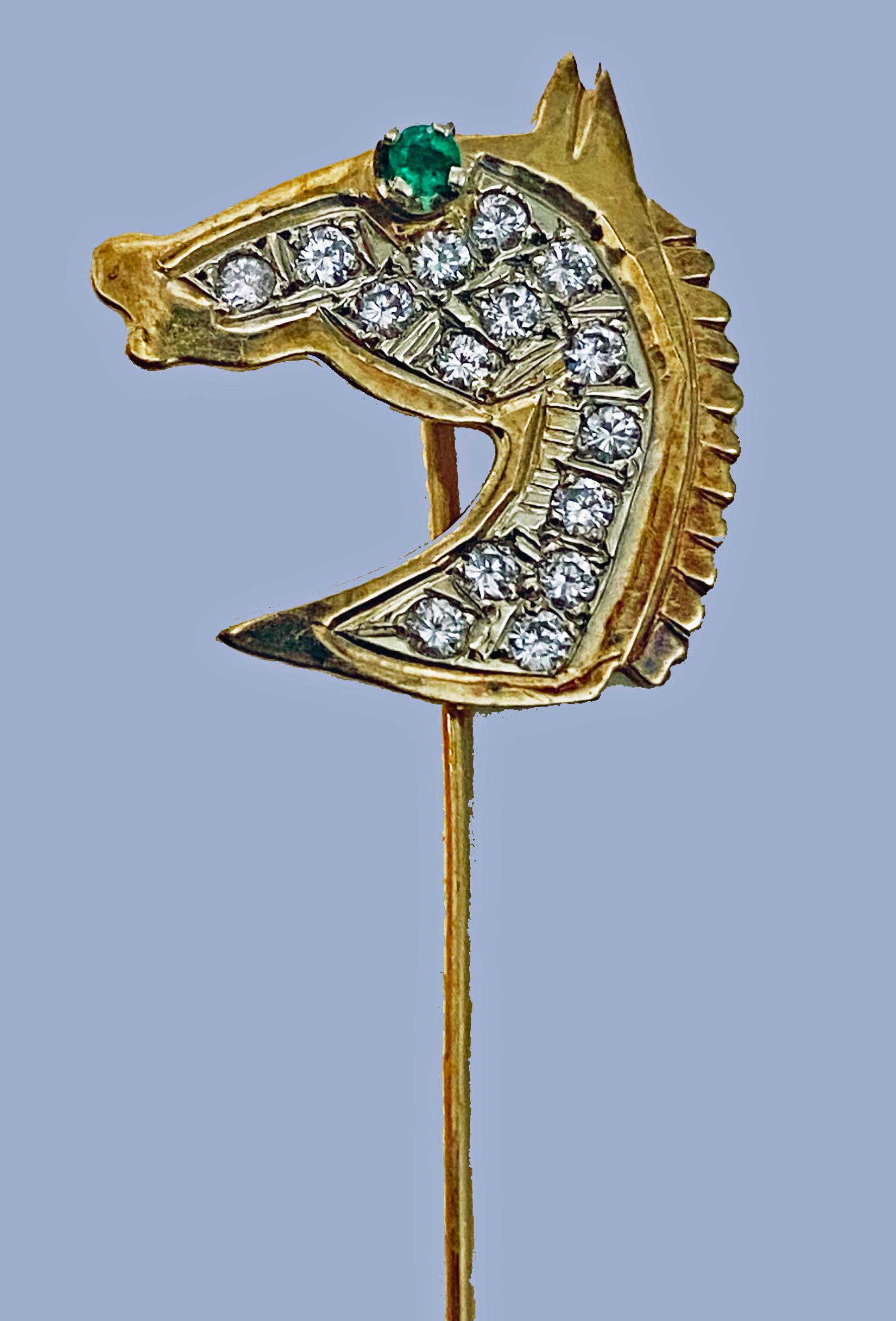 Round Cut Gold Diamond Emerald Horses Head Stickpin
