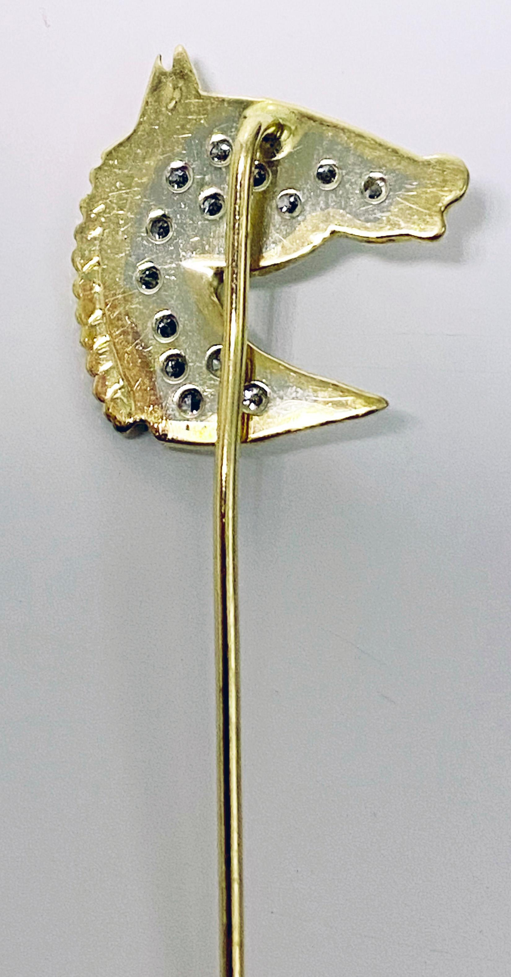 Women's or Men's Gold Diamond Emerald Horses Head Stickpin