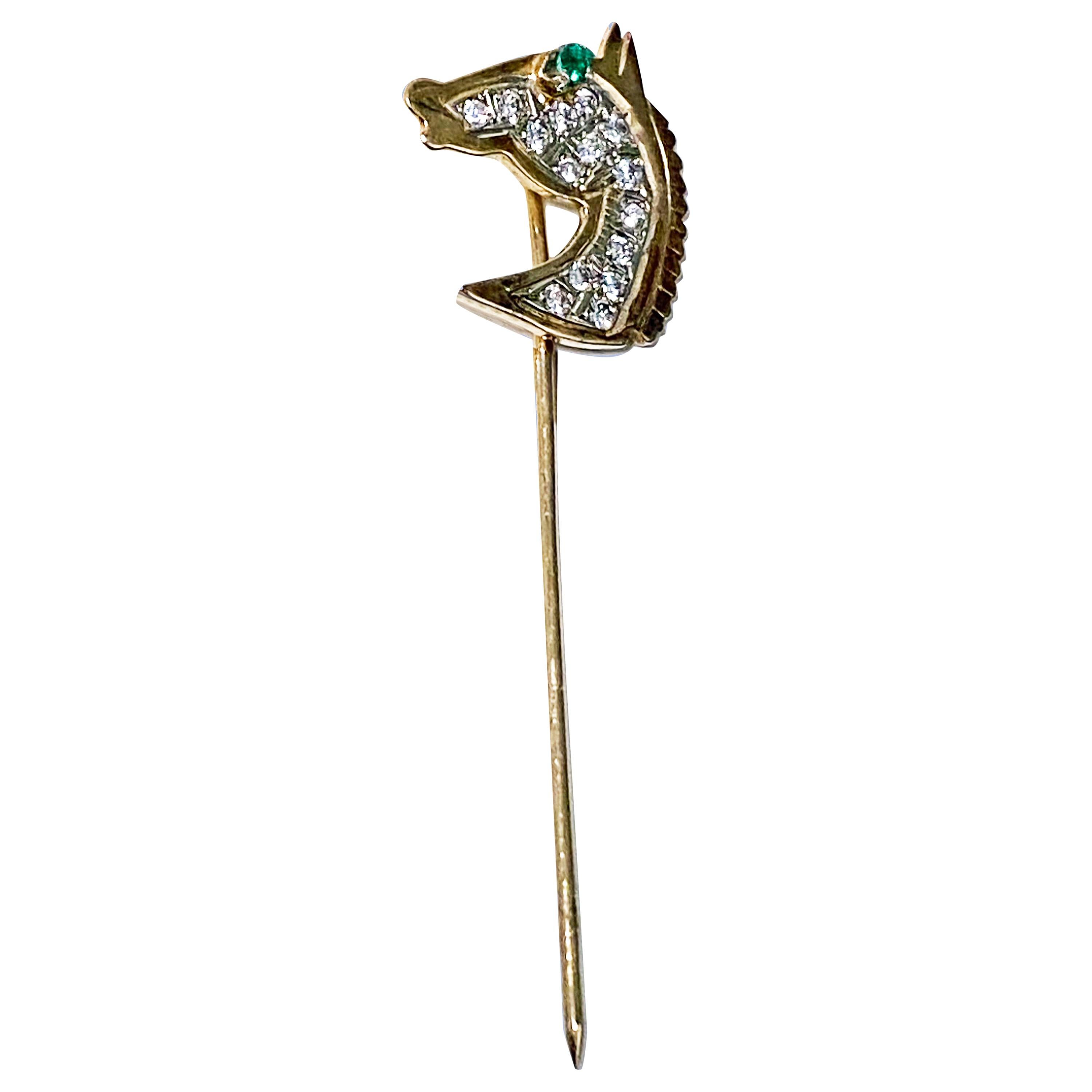 Gold Diamond Emerald Horses Head Stickpin