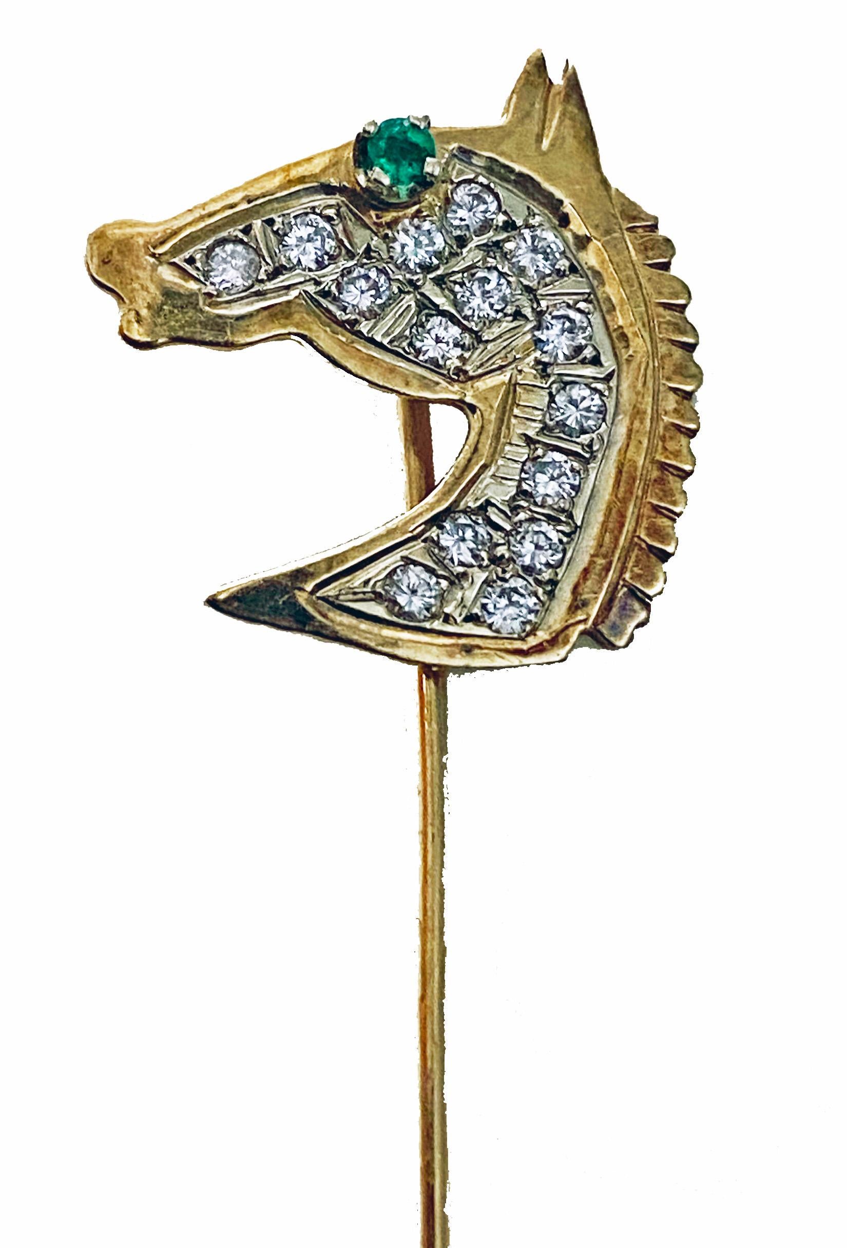 Gold Diamond Emerald Horses head Stickpin, 20th century. The head set with fifteen small round full cut diamond and the eye with small round faceted emerald. Gold acid tested 14K. Length of pin: 2 inches. Horse head measures: 17 x 16.5 mm. Total