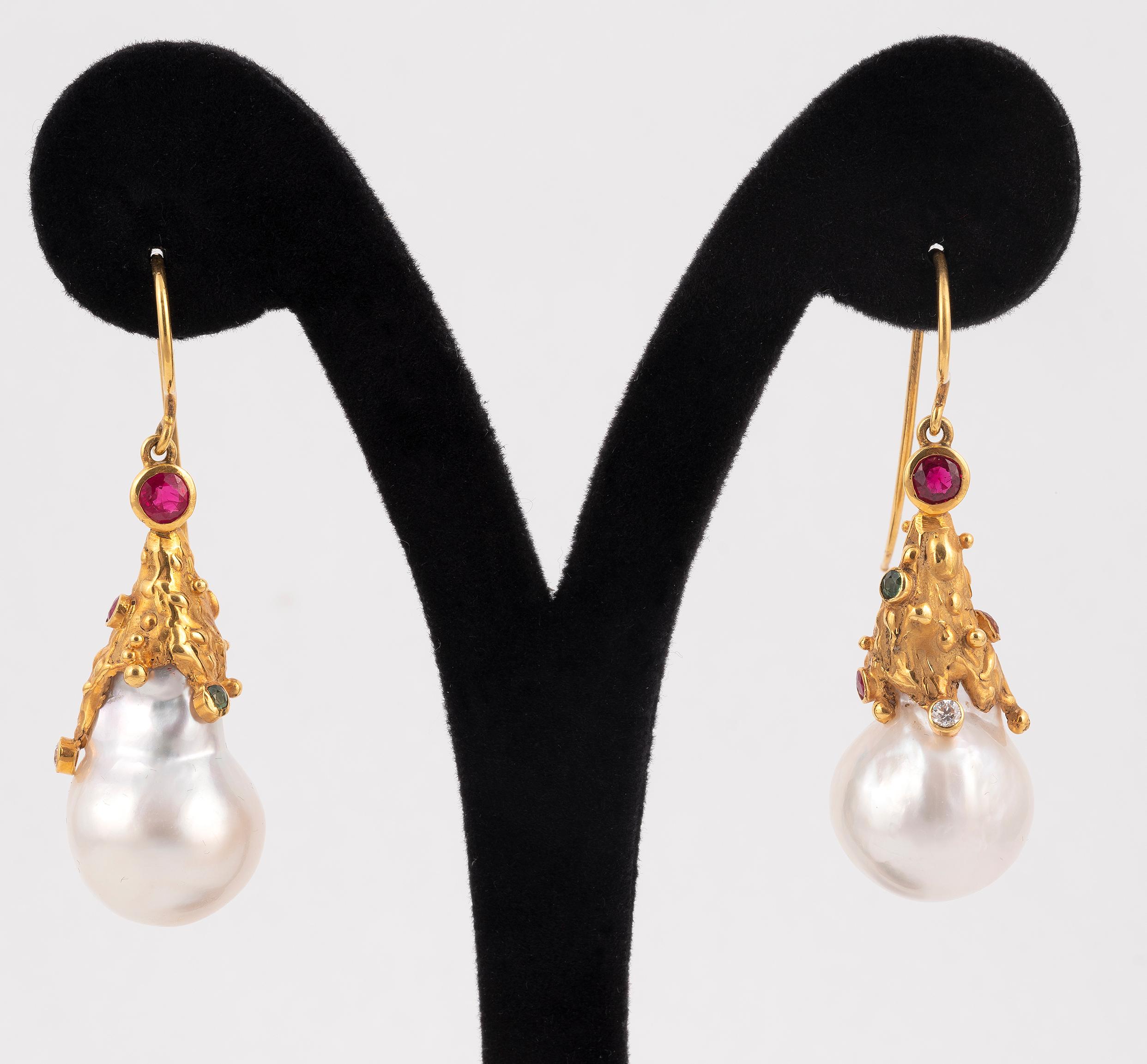 Contemporary Gold Diamond Emerald Sapphire Baroque Pearl Earrings