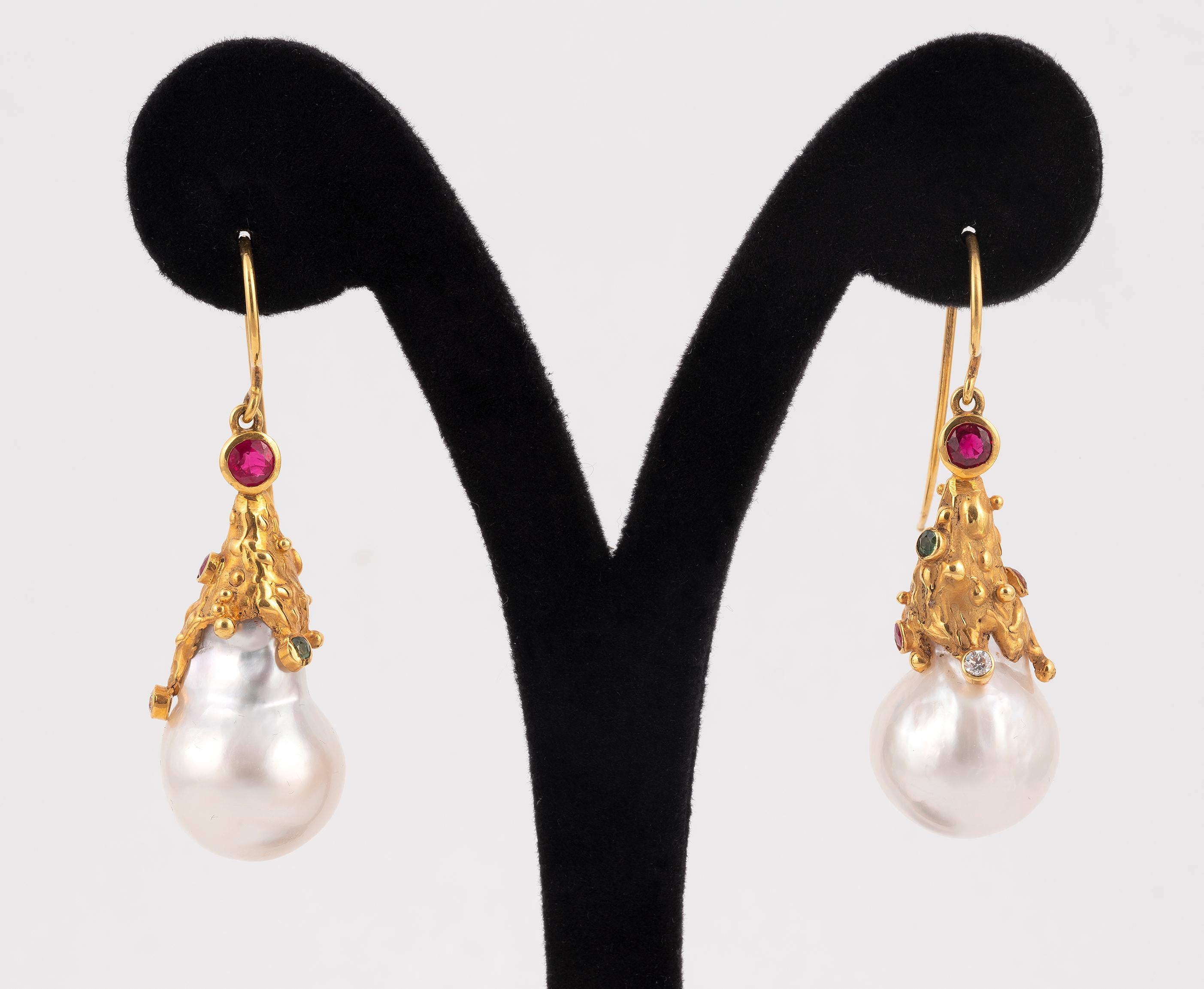 Emerald Cut Gold Diamond Emerald Sapphire Baroque Pearl Earrings