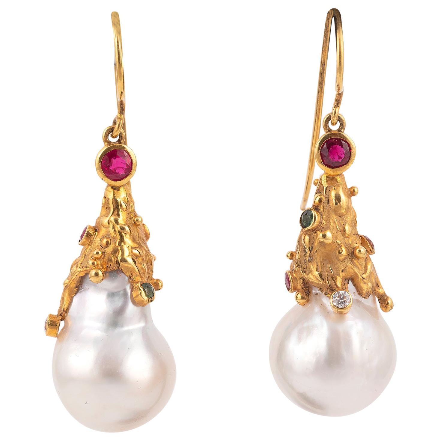 Gold Diamond Emerald Sapphire Baroque Pearl Earrings