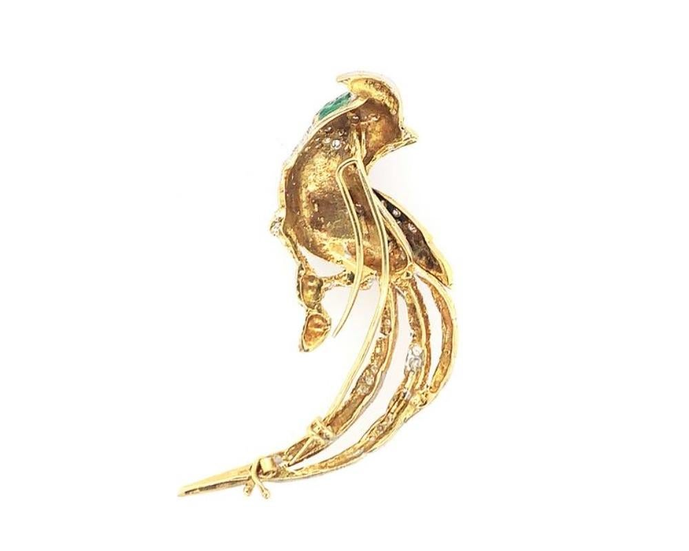 18K Y/gold diamond and multi-colored enamel bird pin, RBC and single cut diamonds weighing approx. 1.60 cts, H-I VS-SI, measures 3