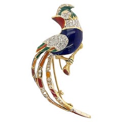 Vintage Gold Diamond Enamel Bird Brooch