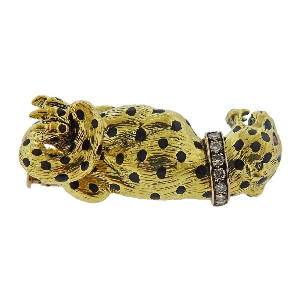 Gold Diamond Enamel Panther Brooch Pin In Excellent Condition In New York, NY