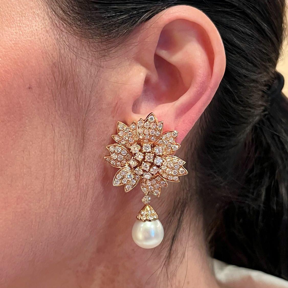 De las mujeres Pendientes de Oro Flor de Diamantes con Perla en venta