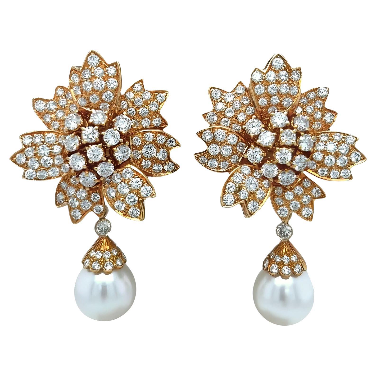 Gold Diamond Flower with Pearl Drop Earrings