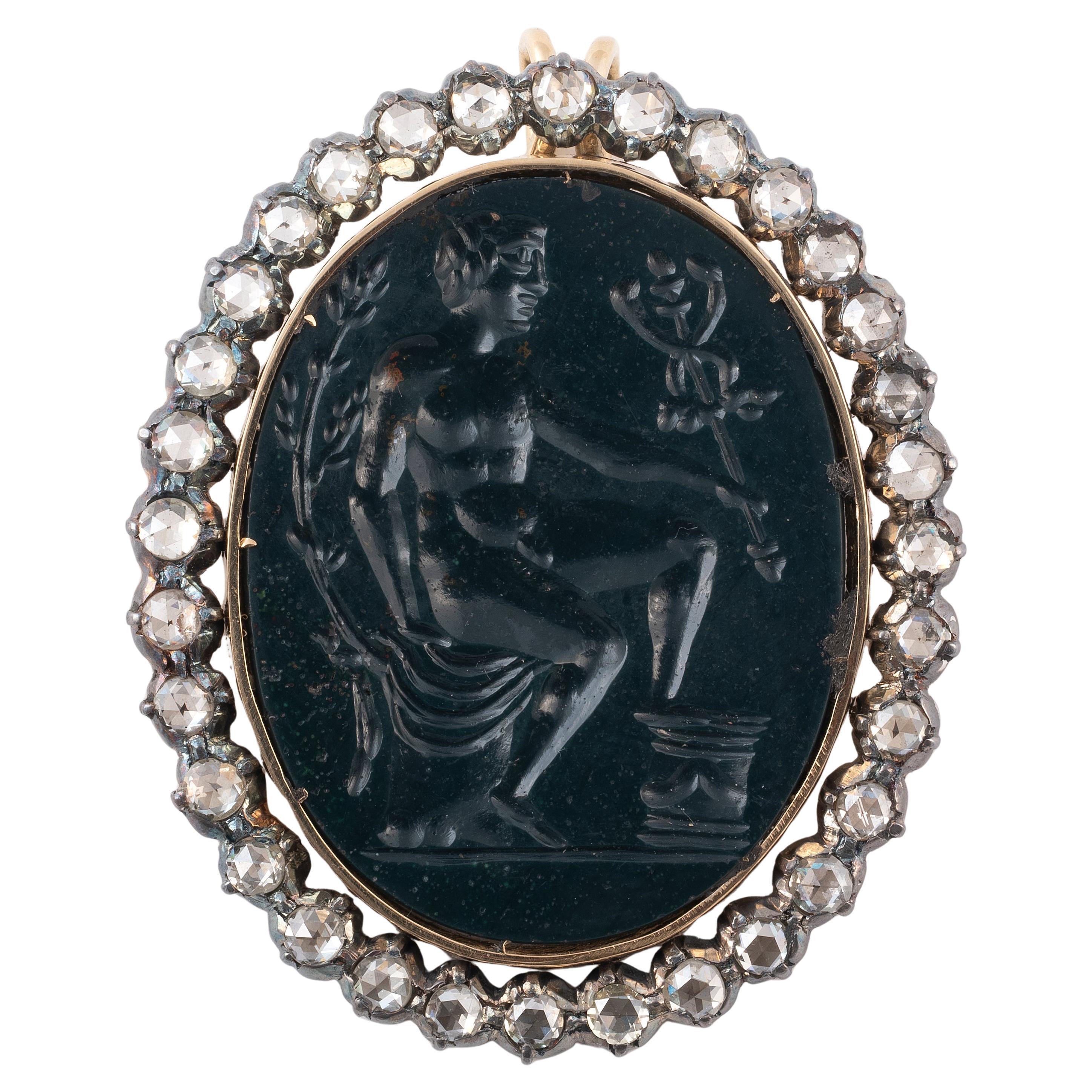 Classical Roman Gold Diamond Green Jasper Intaglio Pendant Depicting Mercury 17th Century For Sale