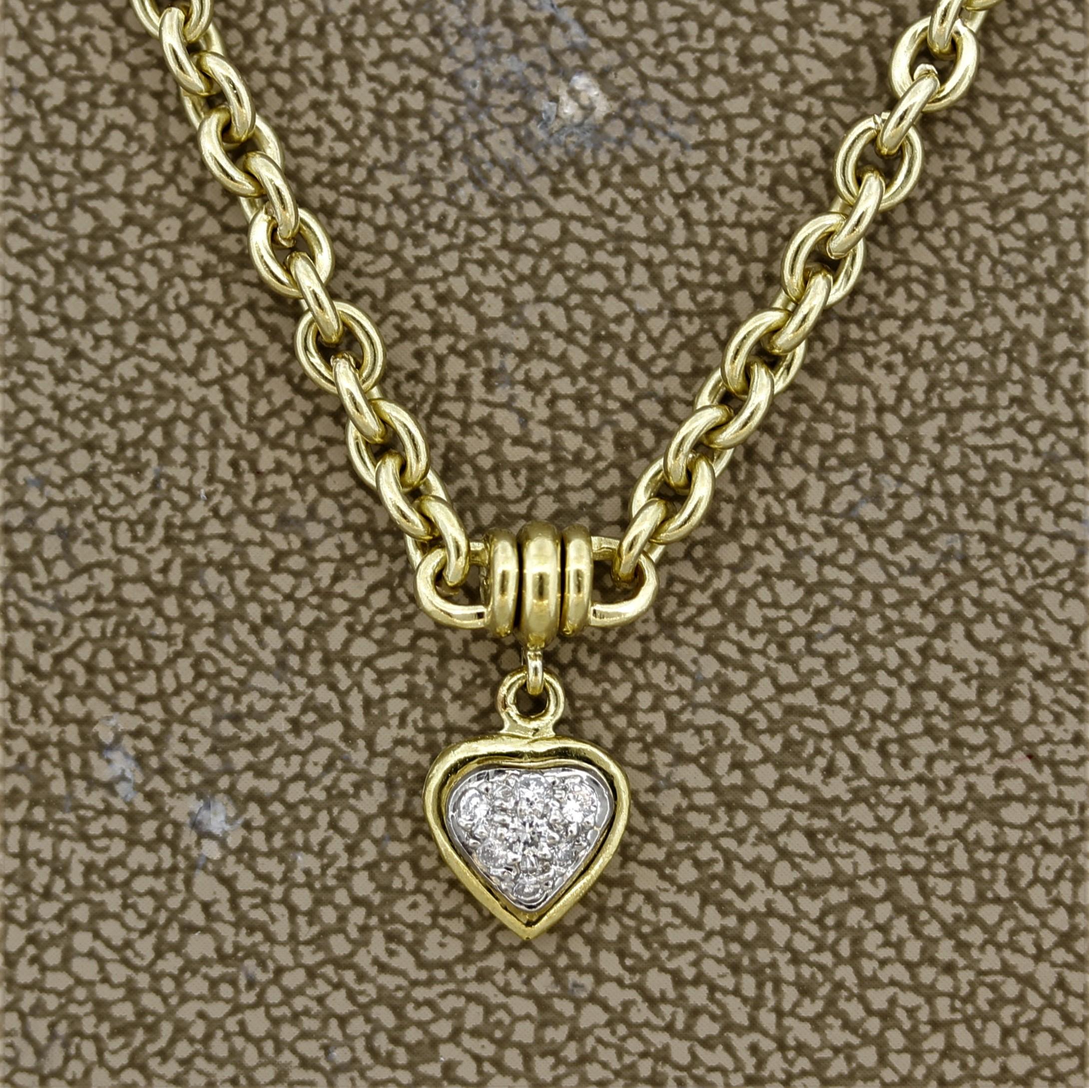 A simple yet stylish necklace featuring a heart with 0.10 carats of round brilliant cut diamonds. The piece is made in 18k yellow gold and will match every and any outfit.

Length: 16 inches