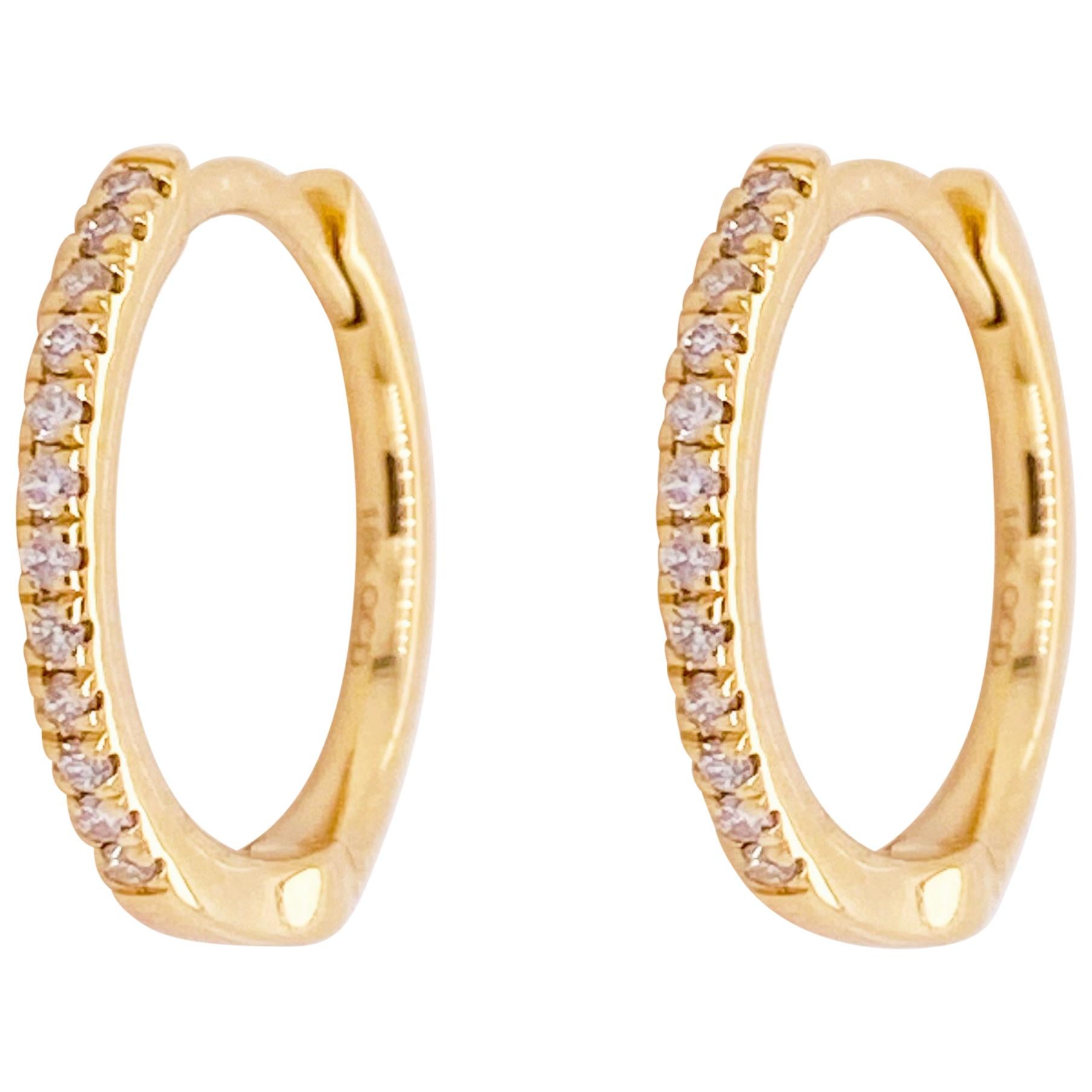 Gold Diamond Hoop Earrings, Gold 18 Karat, 18 Karat, .10 Carat Diamond Huggies For Sale