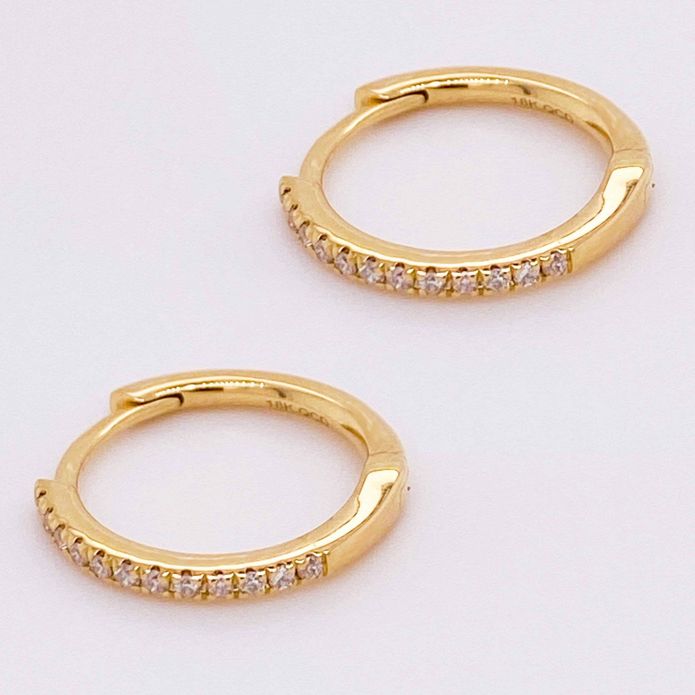 Modern Gold Diamond Hoop Earrings, Gold 18 Karat, 18 Karat, .10 Carat Diamond Huggies For Sale