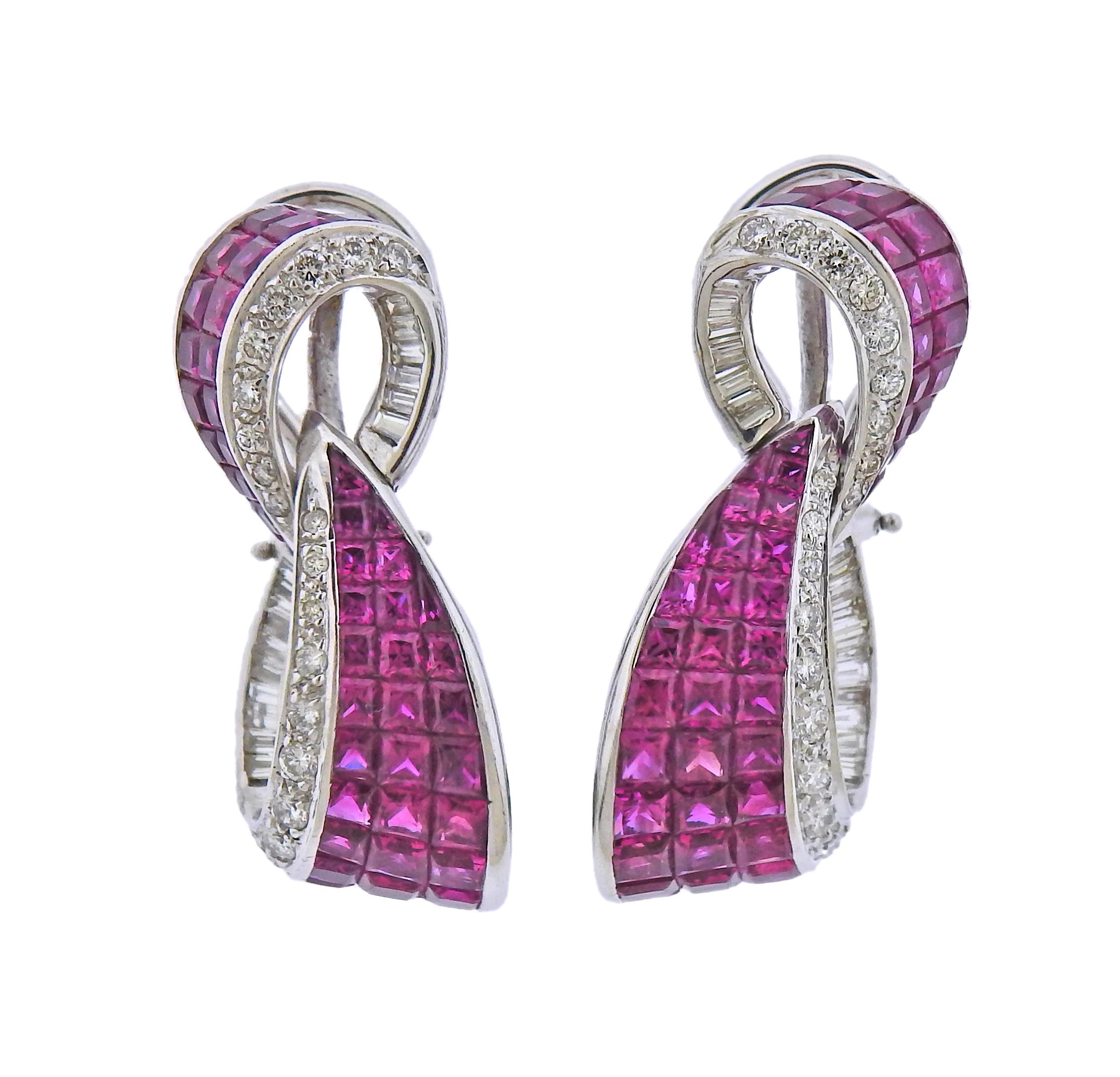 Gold Diamond Invisible Set Ruby Earrings In Excellent Condition In Lambertville, NJ