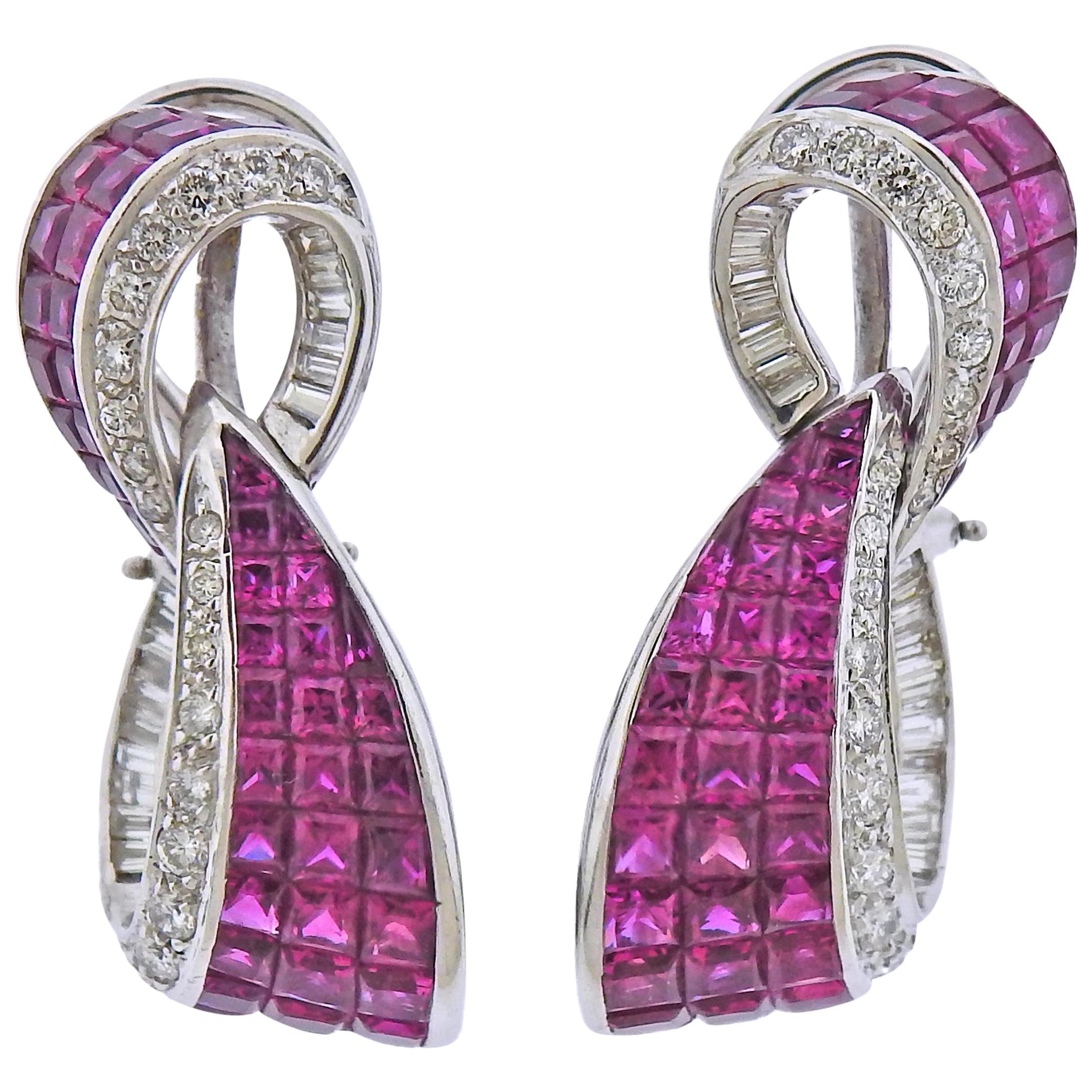 Gold Diamond Invisible Set Ruby Earrings
