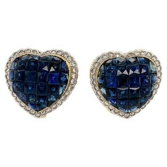 Gold Diamond Invisible Set Sapphire Heart Earrings